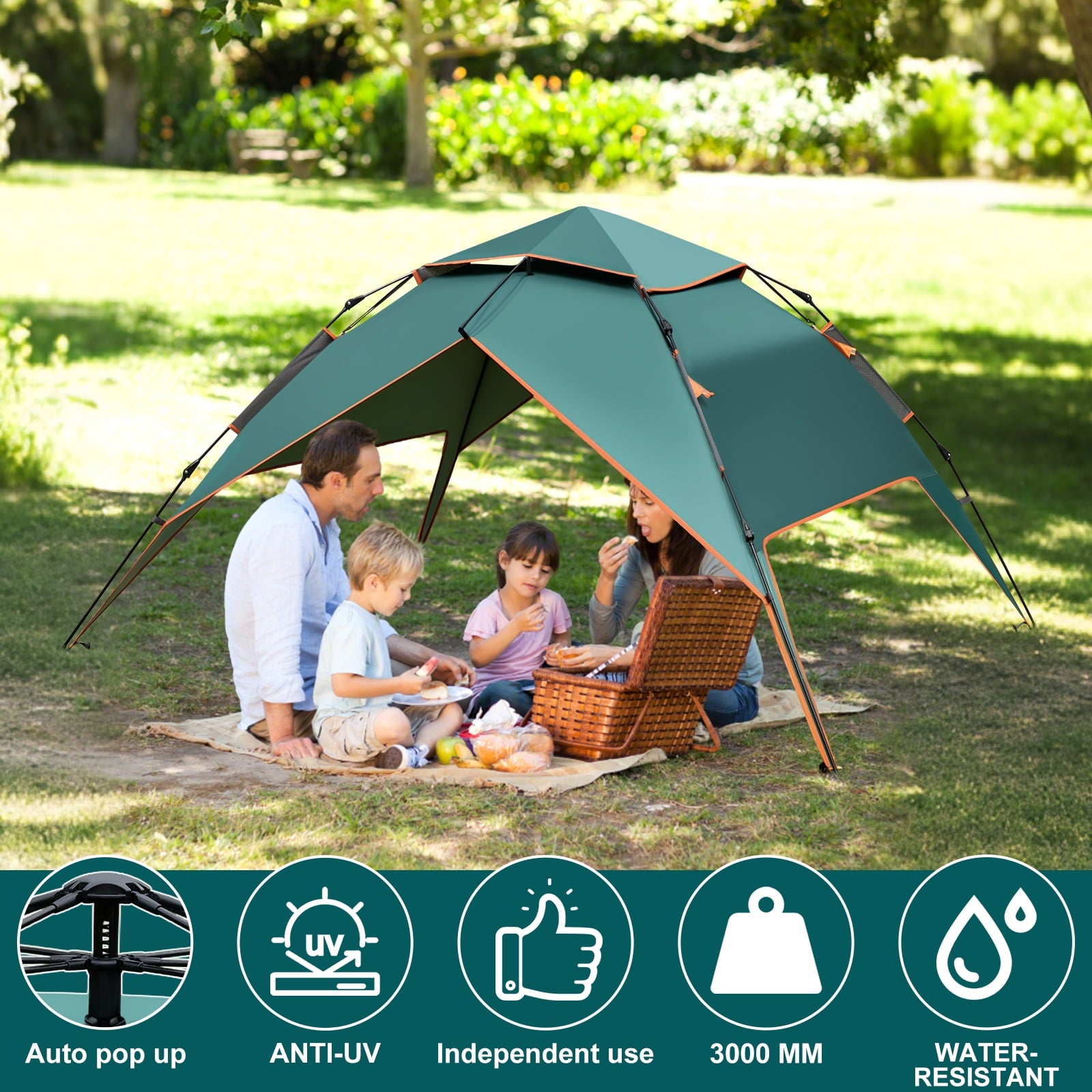Fenbeli 4 Person 2-in-1 Instant Pop-Up Camping Tent with Detachable Rainfly, Waterproof Instant Setup Family Tent with Dual Mesh Doors, Green