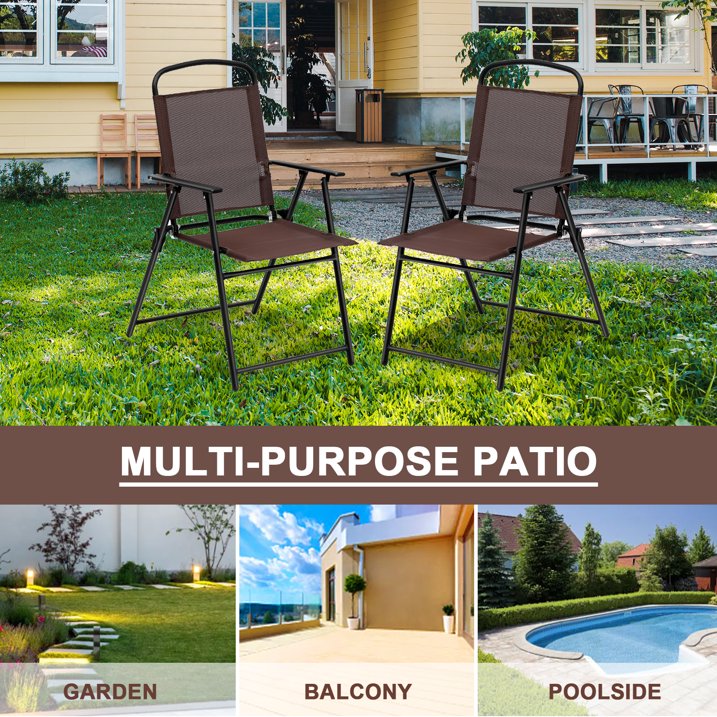 TBKLEY 2pcs Patio Folding Sling Back Chair with Armrests, Portable Metal Outdoor Chairs for Indoor Outdoor Garden Poolside Yard, Brown