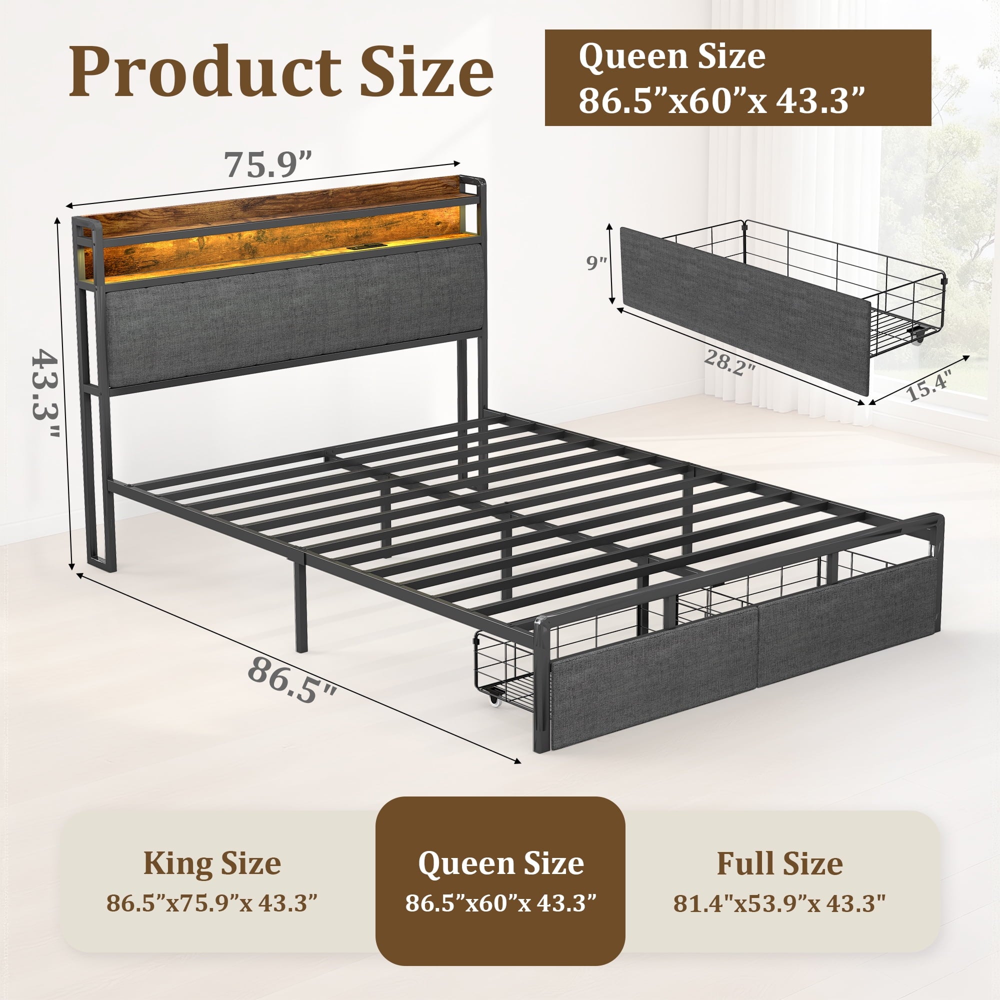 Furnibear LED Queen Bed Frame with Upholstered Storage Headboard and Drawers, LED Platform Bed with Charging Station, No Box Spring Needed