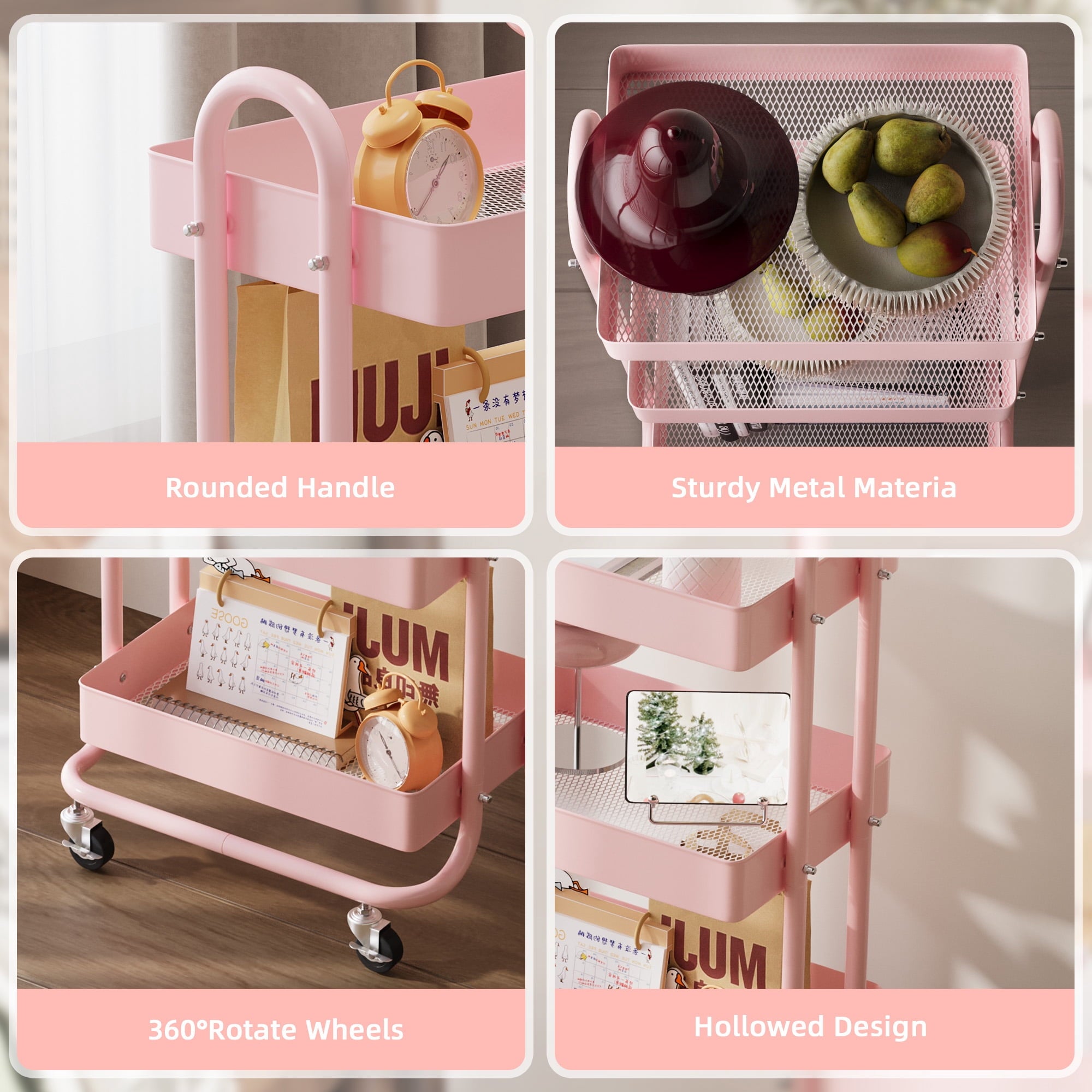 Fenbeli 3-Tier Metal Rolling Utility Cart with Wheels, pink, 18L x 13.4W x 31H