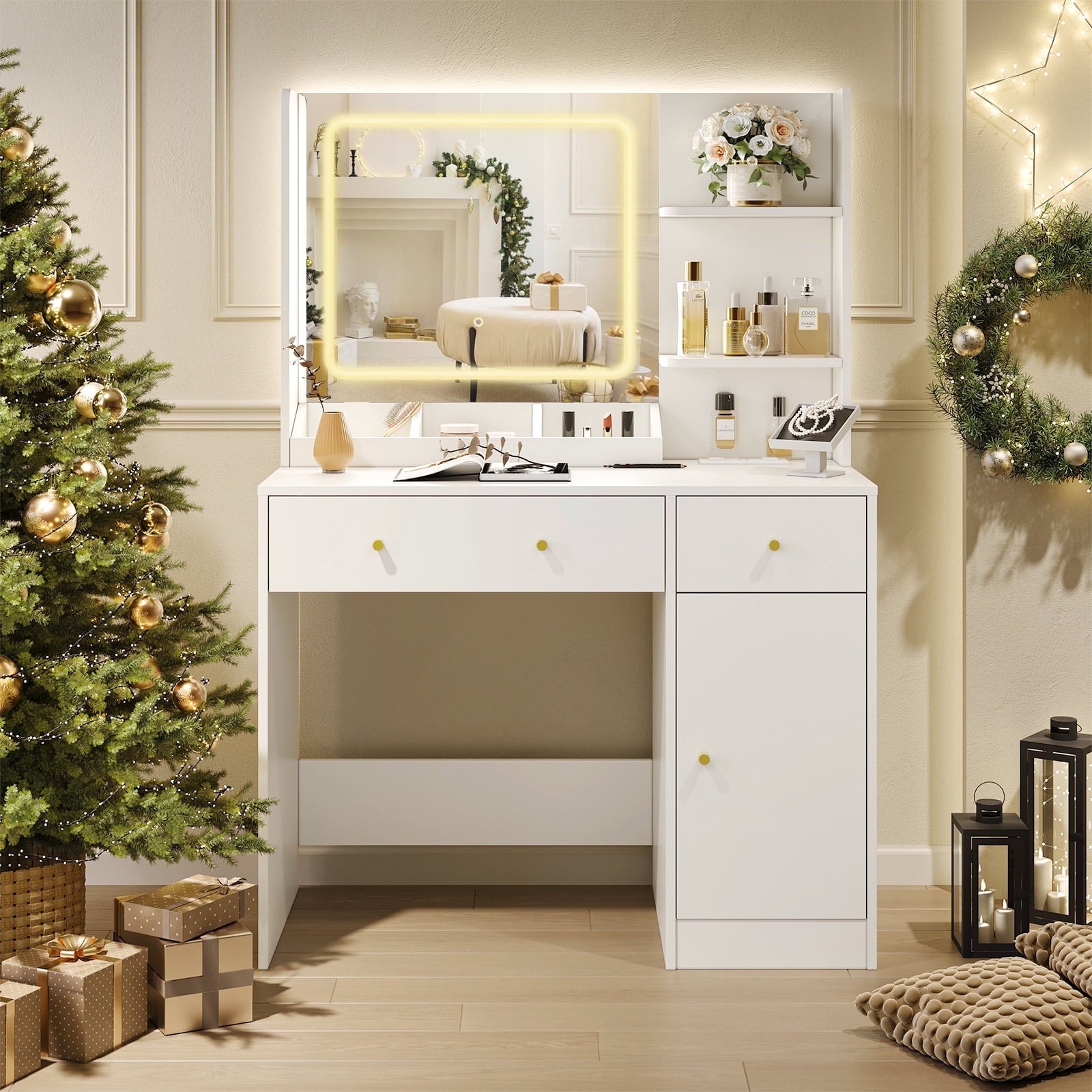 Fenbeli White Vanity Desk with Lighted Mirror, Makeup Table with Charging Station, Large Vanity Set with 3 Storage Compartments for Bedroom