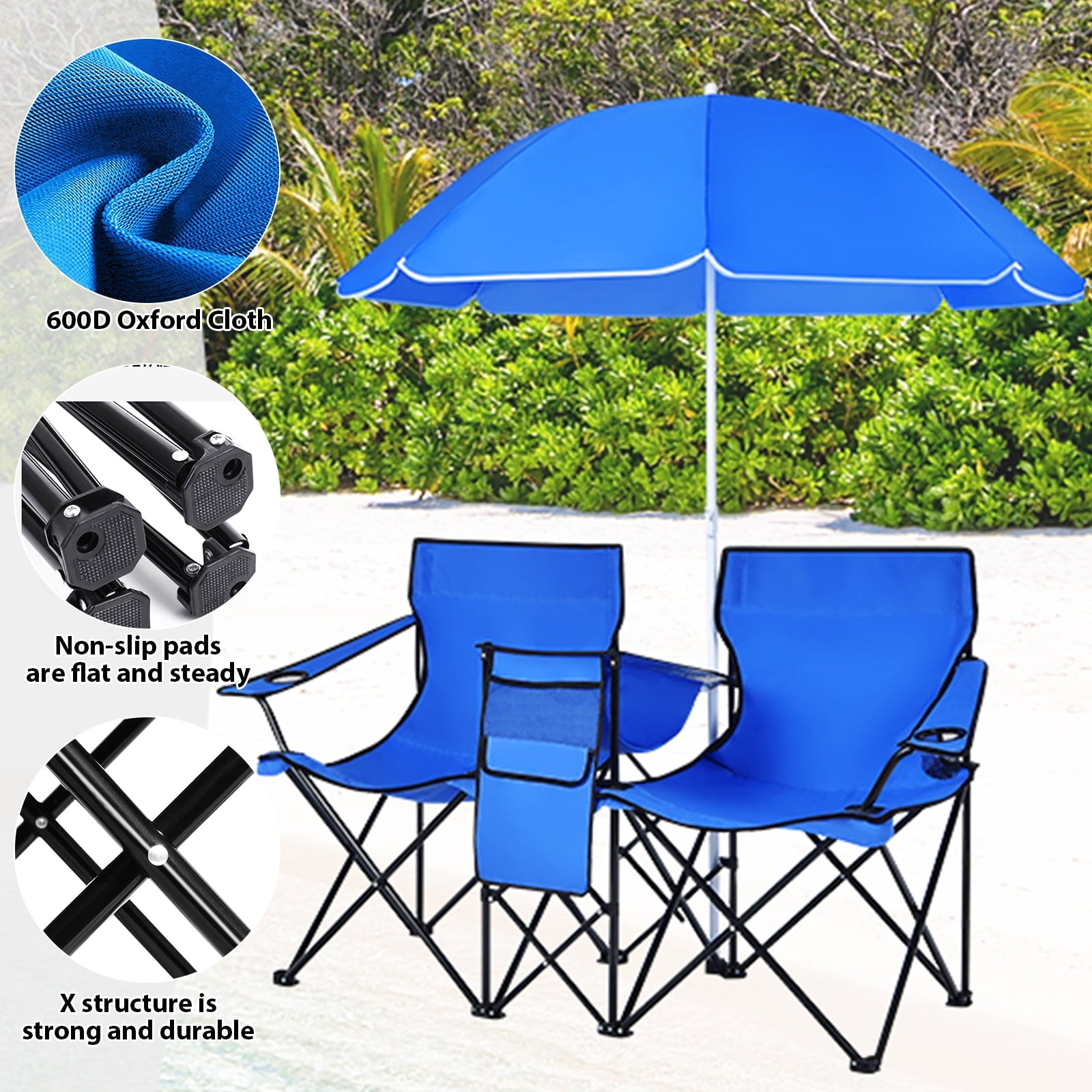 Fenbeli Portable Folding Picnic Double Chair With Removable Umbrella, Blue