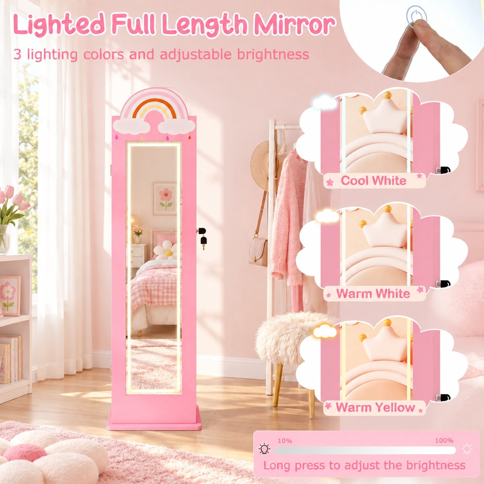 Fenbeli 3 In 1 Kids Jewelry Cabinet Freestanding Jewelry Armoire with 3-Color Lighted Mirror, MDF Glass Acrylic Frame, Pink