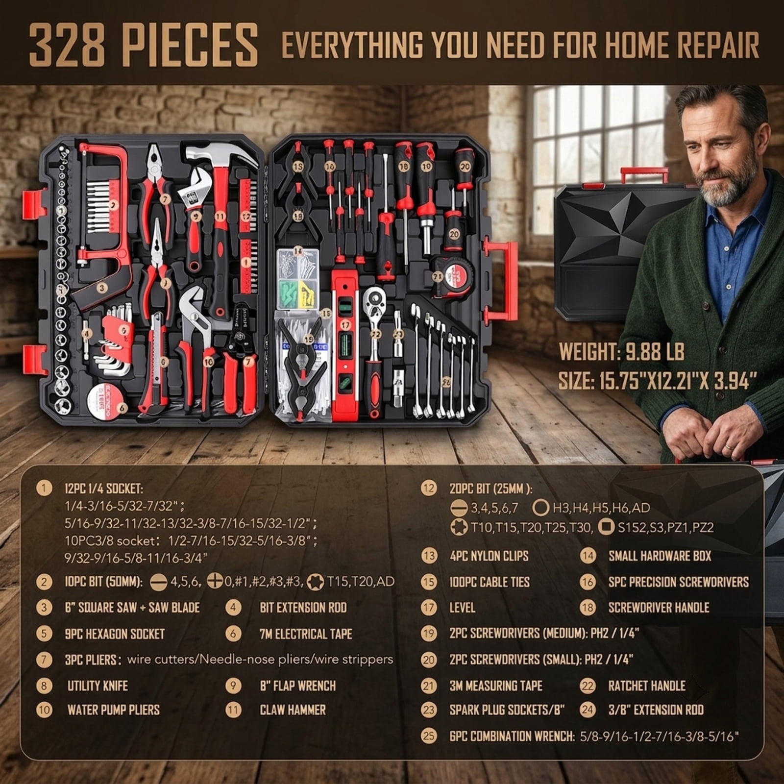 Fenbeli 328-Piece Home Tool Kit with Socket and Wrench Set, Portable Carrying Case for Household, DIY and Auto Repair