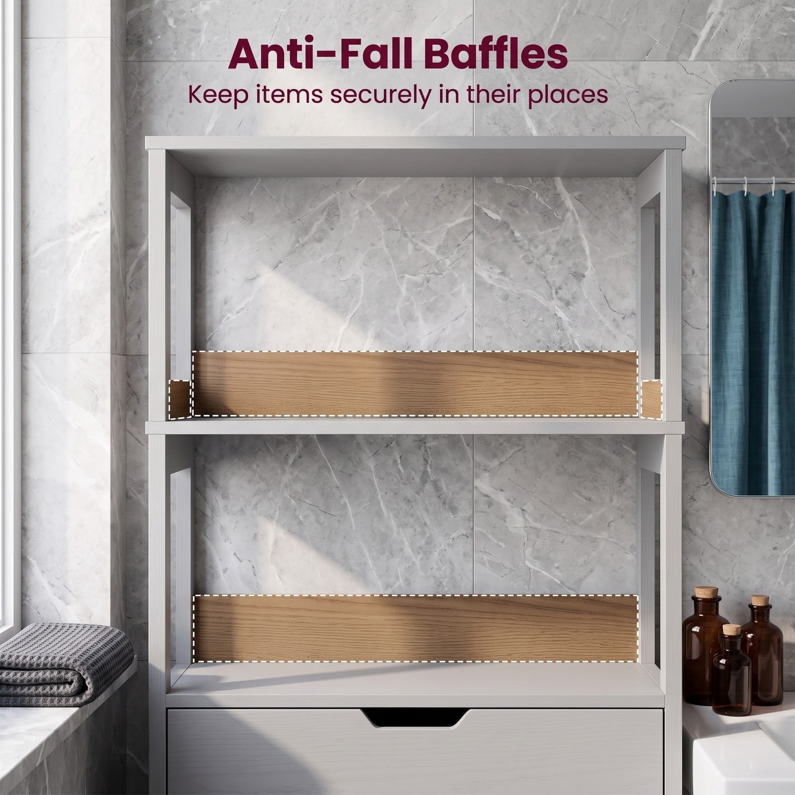 Fenbeli Bathroom Storage Cabinet, Freestanding Floor Cabinet with 3 Open Shelves, Pull-Out Drawer and 2 Doors, Anti-Toppling Wooden Organizer for Bathroom Kitchen, Gray