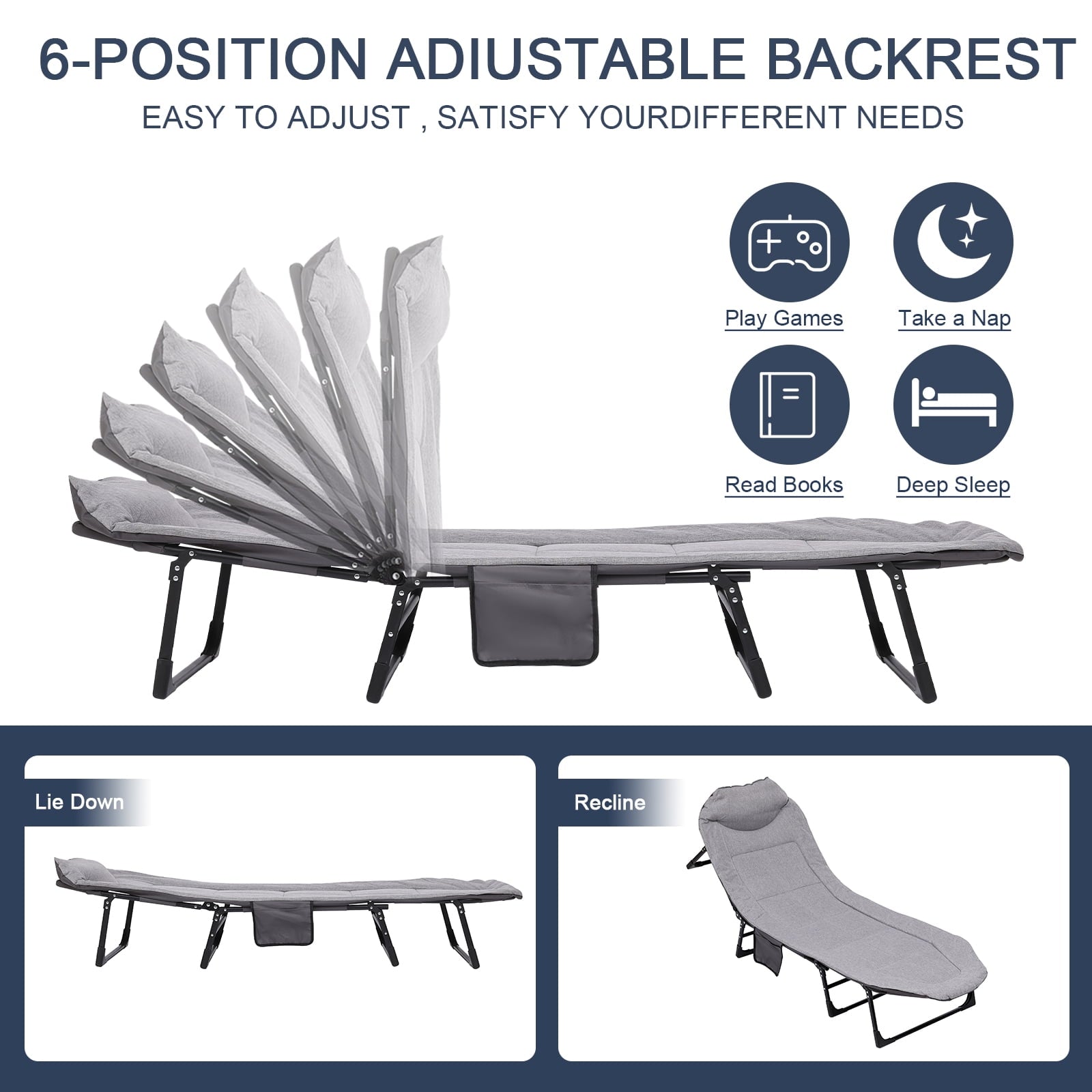 Fenbeli Folding Camping Cot, Adjustable Backrests Position Adults Reclining Chairs with Thick Mattress and Pillow 76.5in x24.4in for Camp/Travel/Beach/Patio/Office/Home Naps