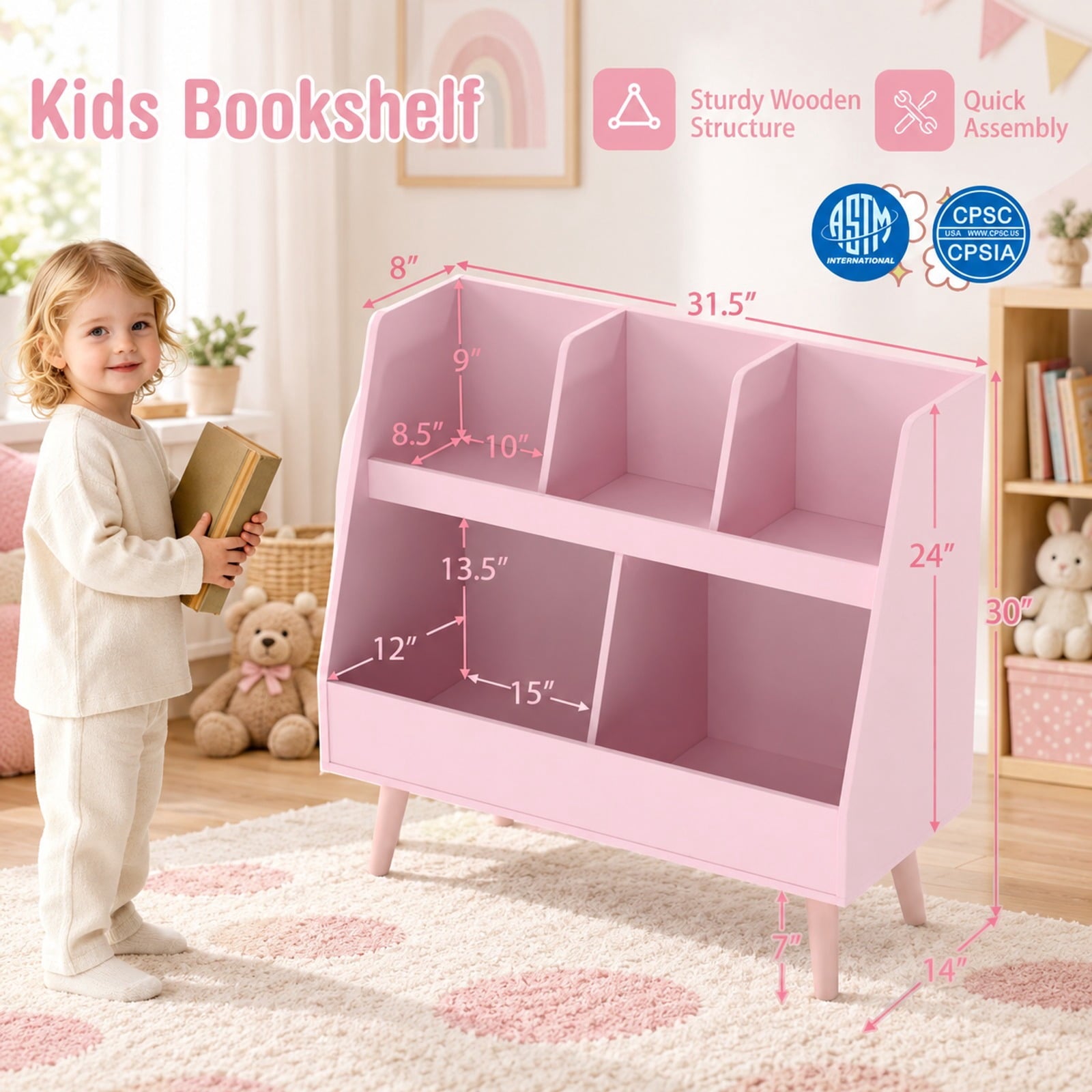 Fenbeli 5-Cube Kids Bookshelf and Toy Organizer with Anti-Tipping Kits, 68 lbs Capacity, MDF Solid Wood Frame, Pink