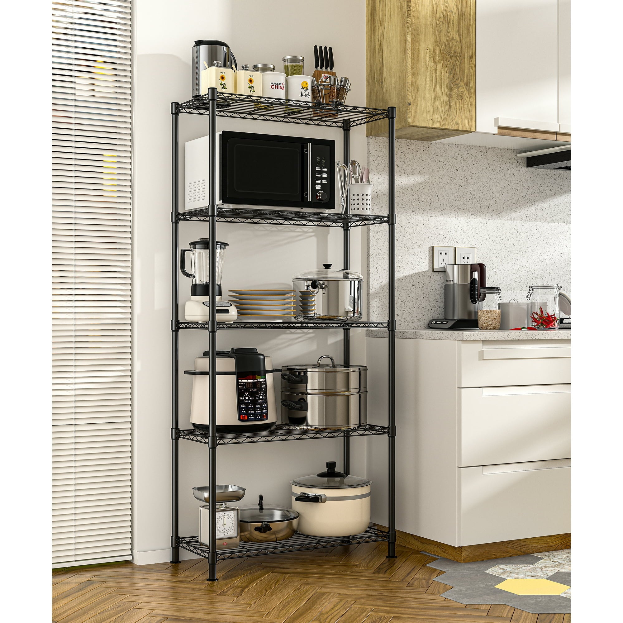 Fenbeli 5-Tier Adjustable Wire Shelving Storage Rack, Heavy-Duty Metal Organizer, Black