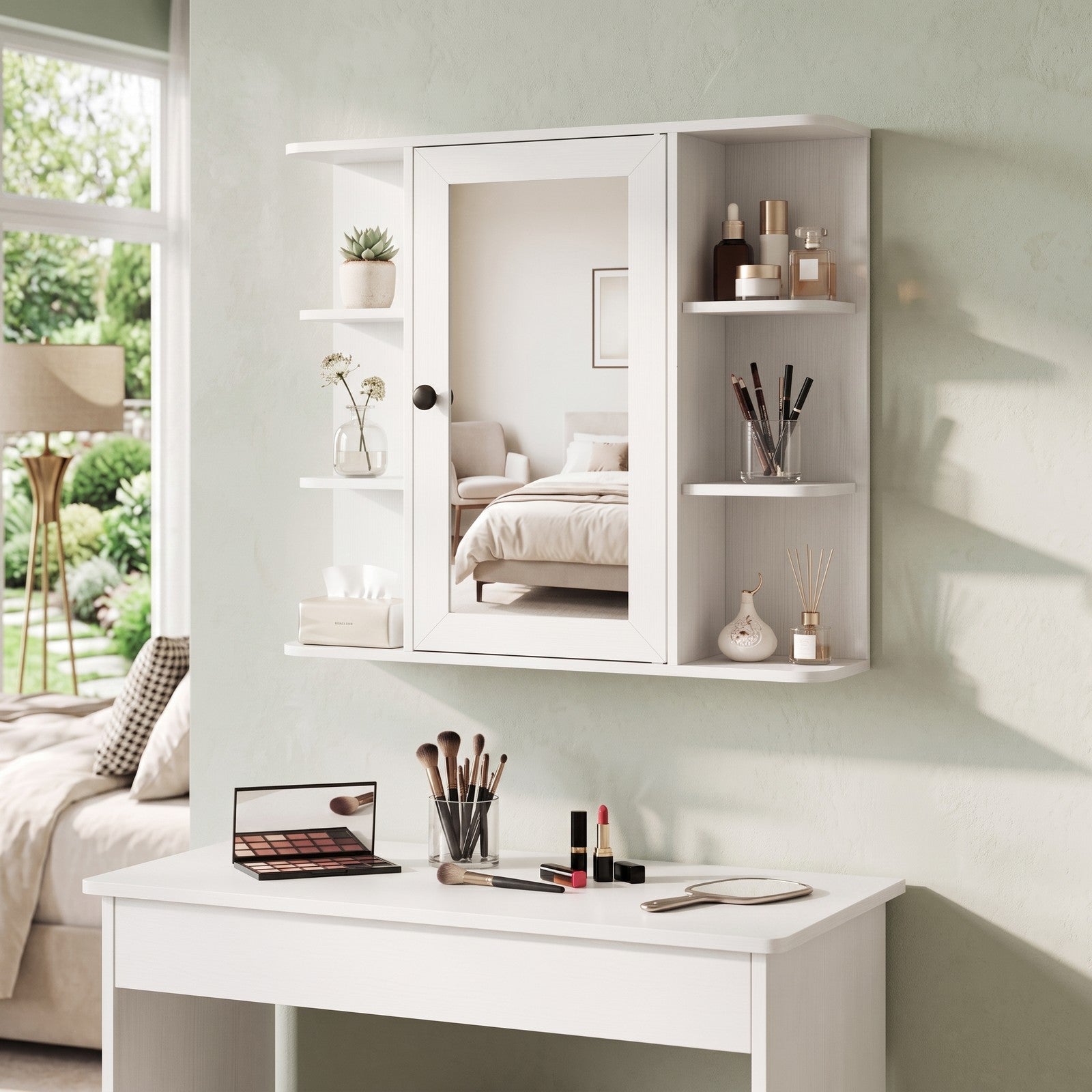 Fenbeli Wall Mounted Bathroom Medicine Cabinet with Mirror and Open Shelves, Wood Storage Organizer with Mirrored Door and Adjustable Compartments for Bathroom, White