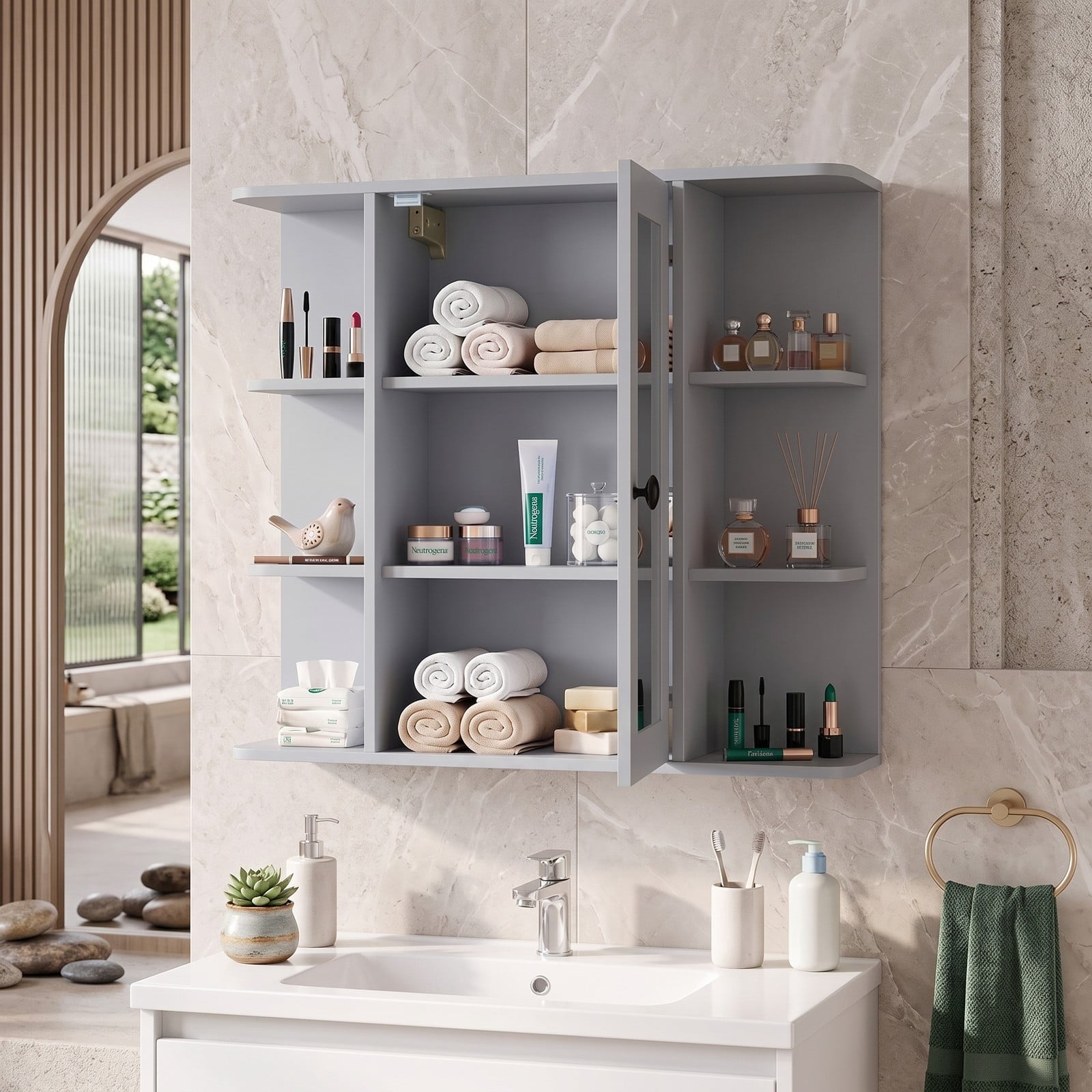 Fenbeli Wall Mounted Bathroom Medicine Cabinet with Mirror and Open Shelves, Wood Storage Organizer with Mirrored Door and Adjustable Compartments for Bathroom, Gray