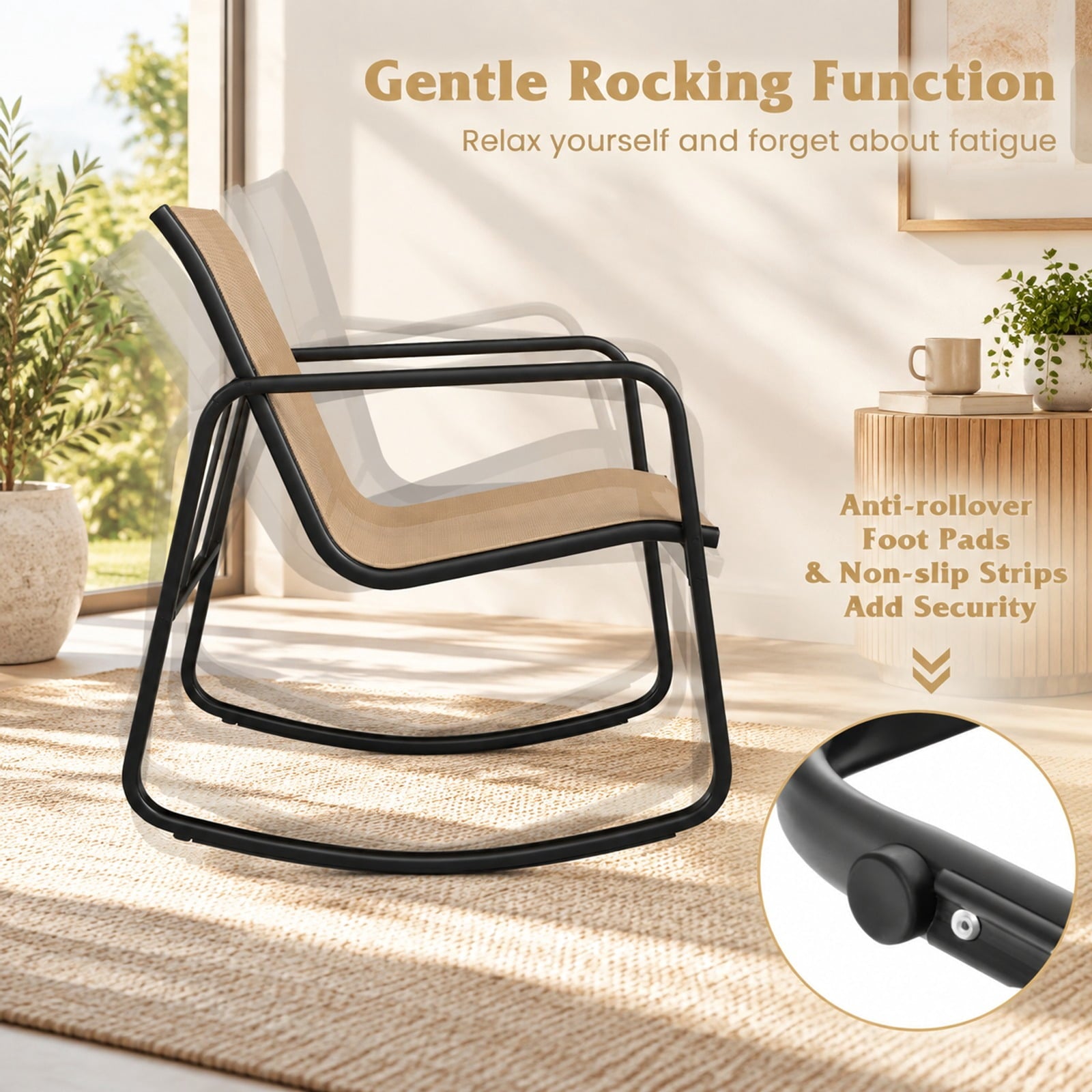 Fenbeli 2 Rocking Bistro Chairs and Glass-Top Table for Porch Yard Balcony, Rocking Chair 330 lbs Capacity, Metal Fabric Tempered Glass Frame, Brown