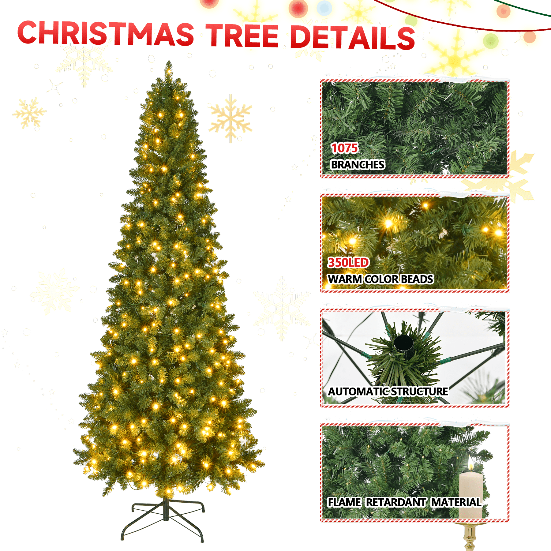 Fenbeli 7.5ft Prelit Artificial Christmas Tree with 350 LED Warm Lights Pencil Christmas Tree with Sturdy Metal Stand for Indoor and Outdoor Decor