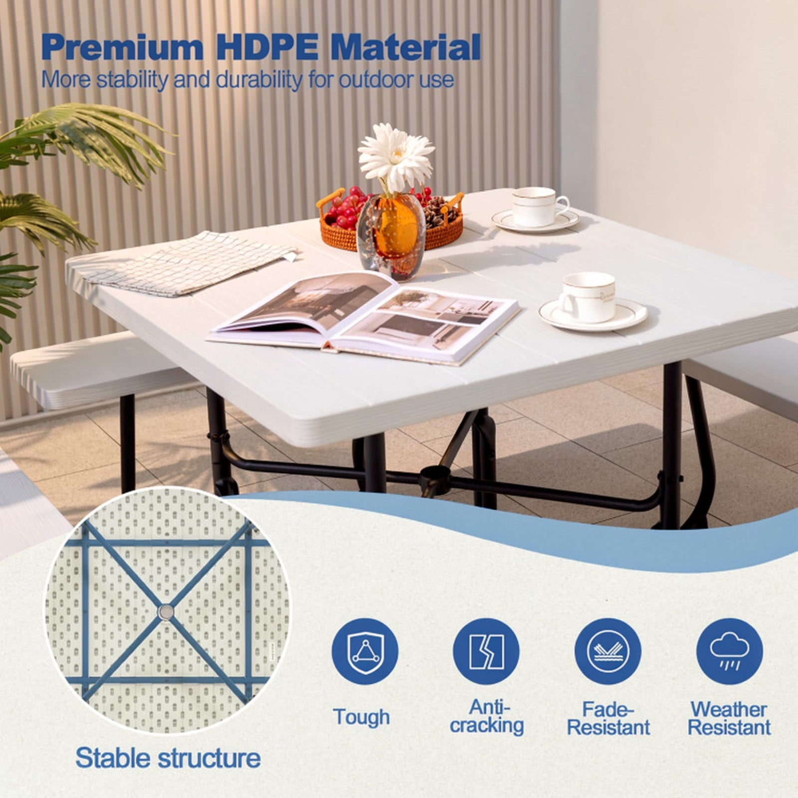 Fenbeli 8-Person Square Picnic Table and Bench Set with Umbrella Hole, HDPE Outdoor