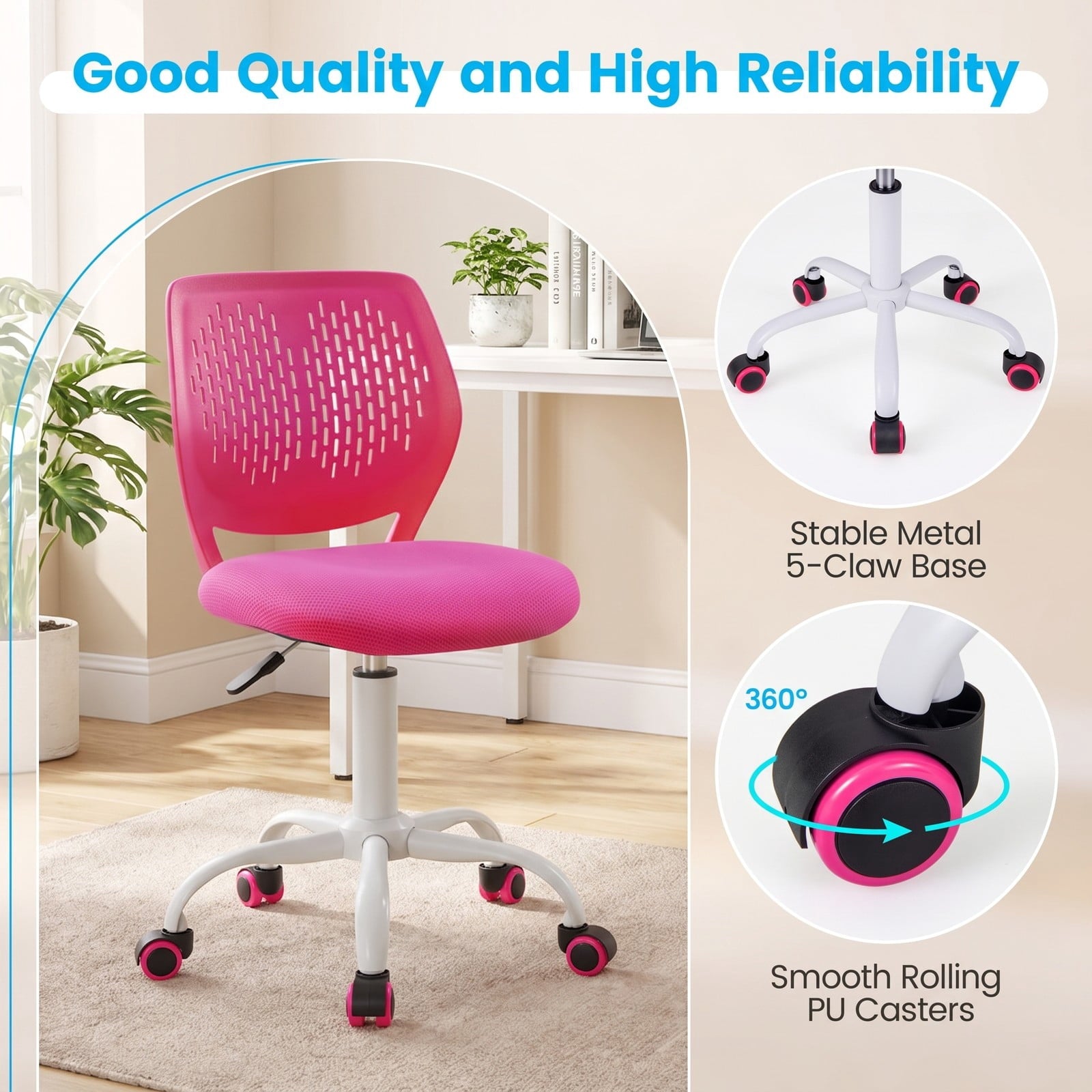 Fenbeli Ergonomic Children Study Chair with Adjustable Height, 250 lbs Capacity, Sponge Mesh Metal Frame, 19.5 x 19.5 x 29.5-34 Footprint, Pink