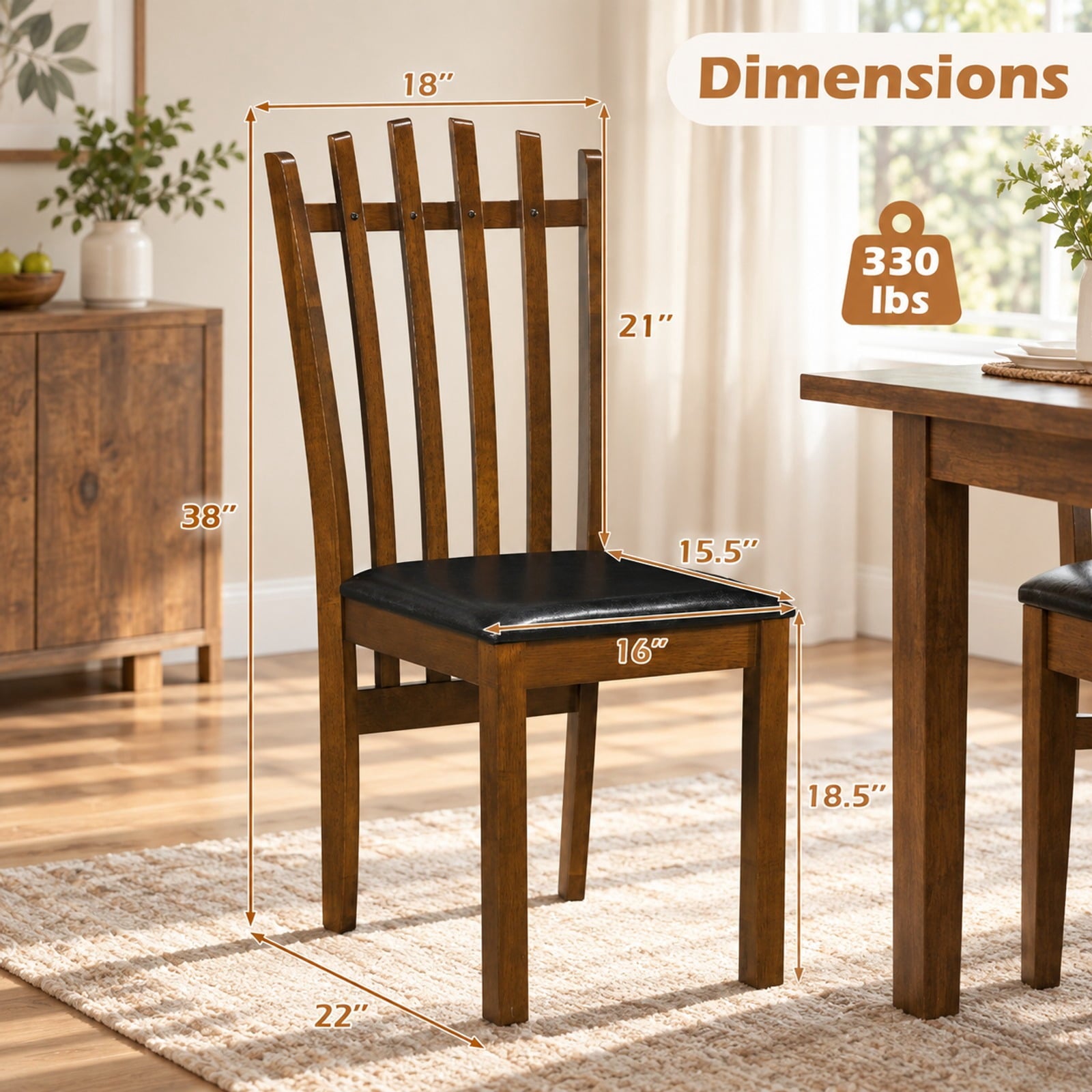 Fenbeli Wooden Dining Chair Set of 2 with Spindle Back and PU Leather Seat, 330 lbs Capacity, Rubber Wood PU Leather Sponge Frame, Black