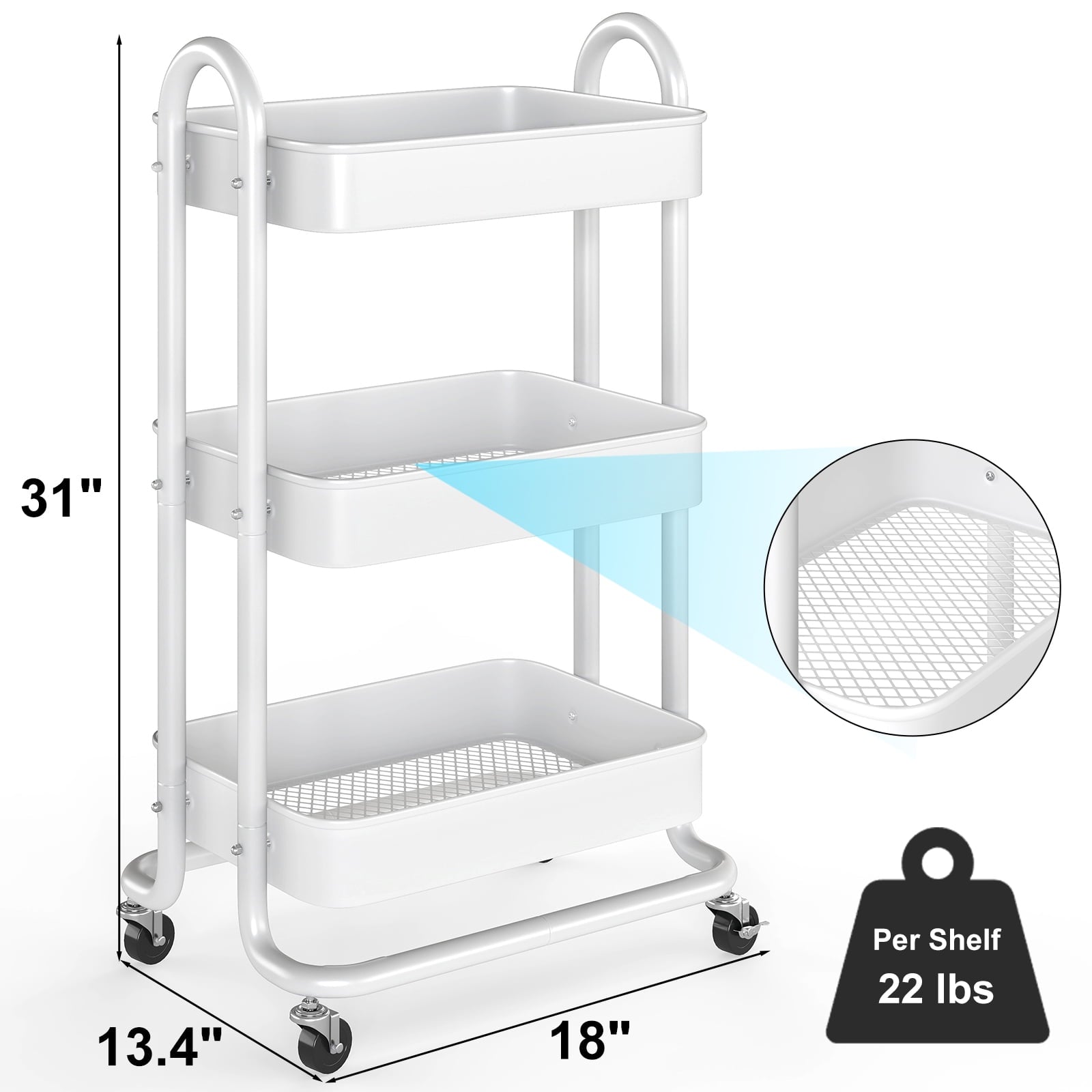 Fenbeli 3-Tier Metal Rolling Utility Cart with Wheels, White, 18L x 13.4W x 31H