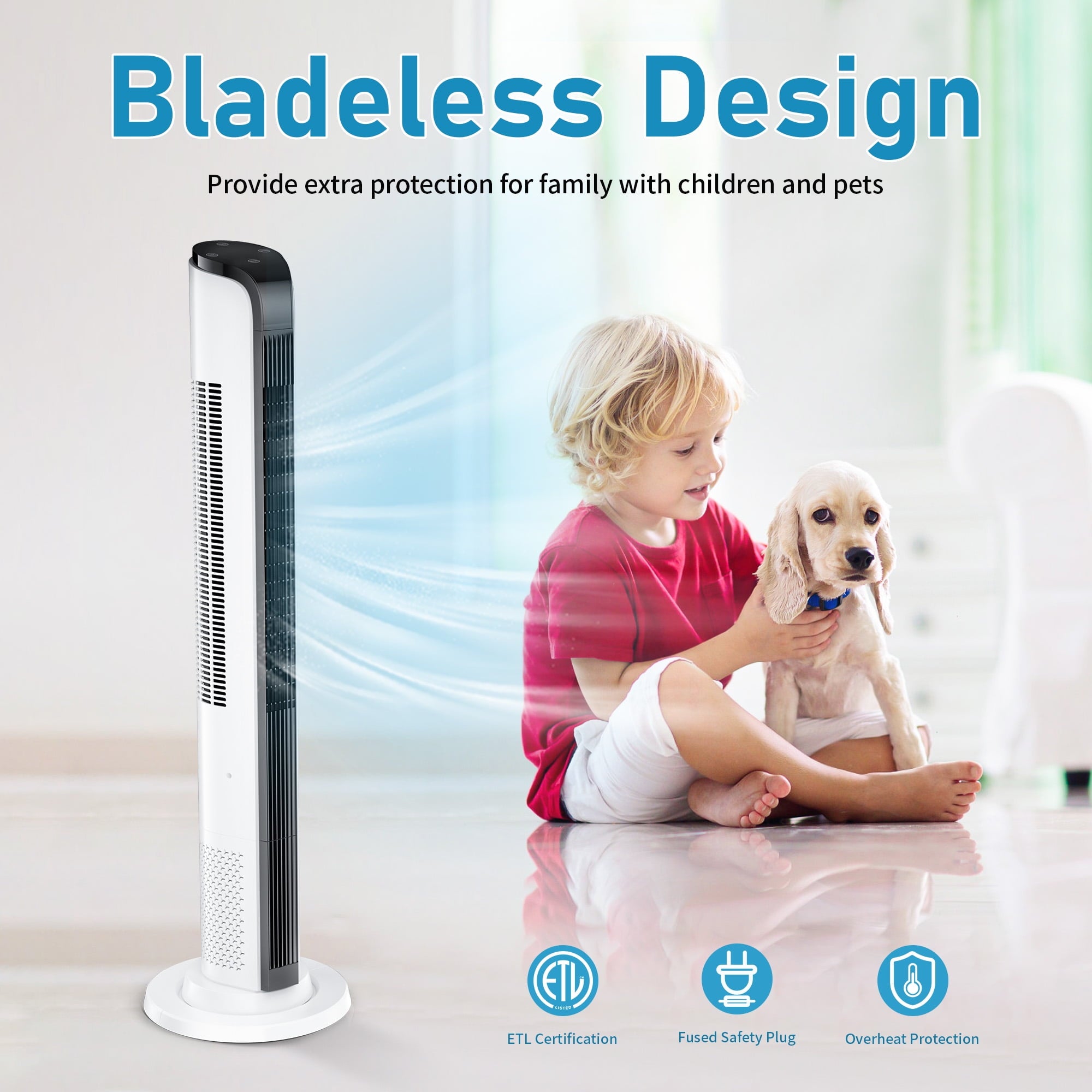 43inch Tower Fans for Home with Remote for Bedroom with 3 Speeds, 3 Modes, White