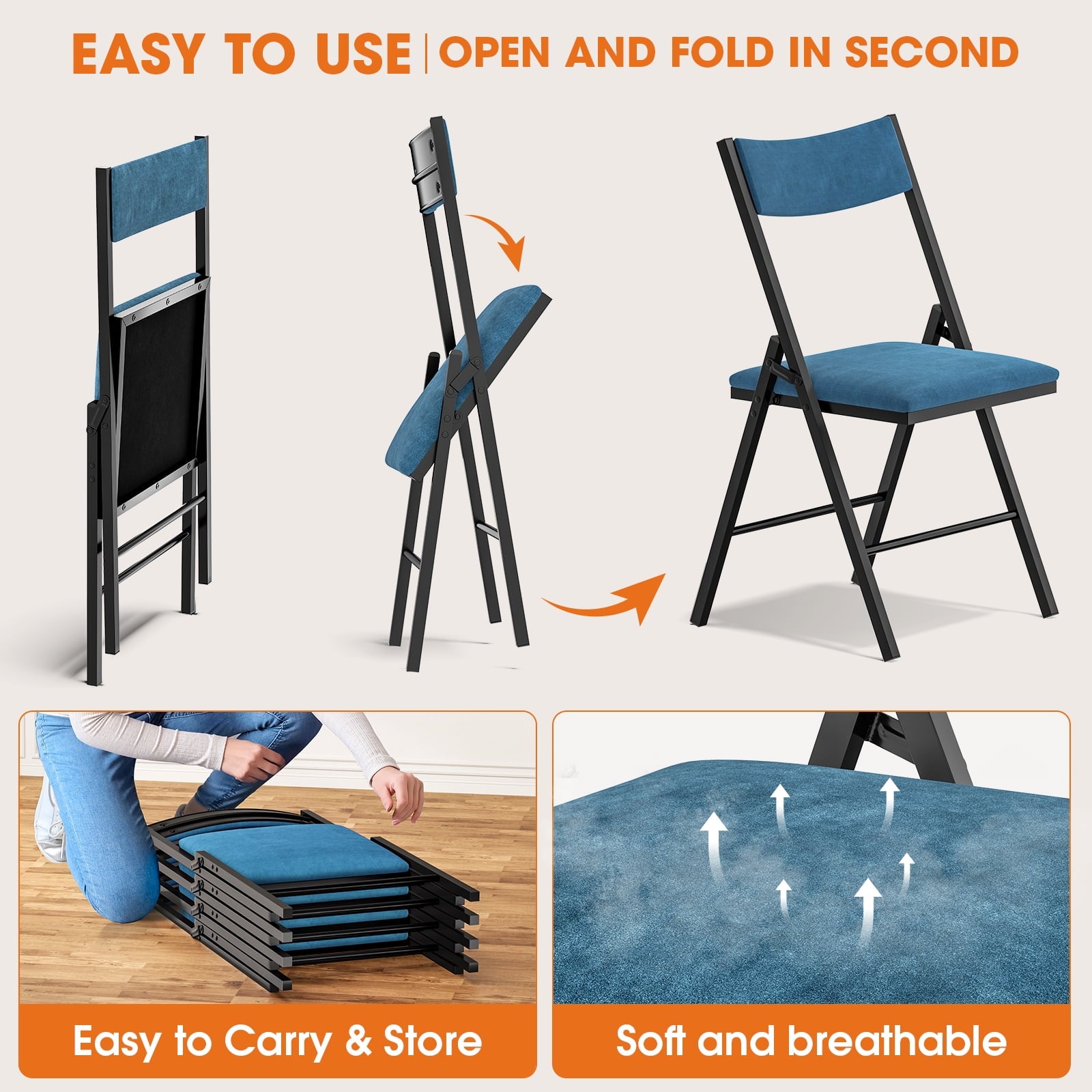 Fenbeli 6-Pack Blue Padded Folding Chairs with Metal Frame