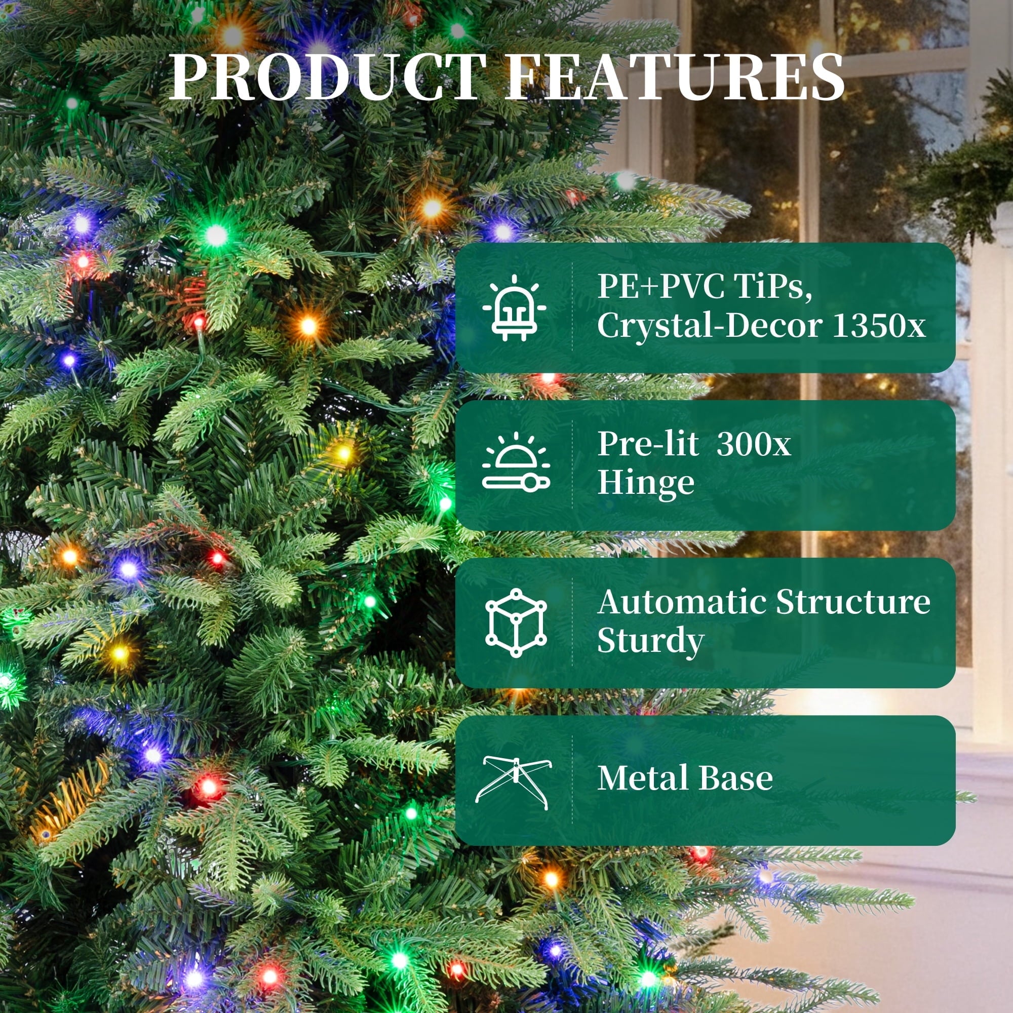 Fenbeli 6ft Pre-Lit Artificial Fir Christmas Tree, 1,350 PE/PVC Branch Tips, 300 Lights with Remote Control and 11 Modes, Green