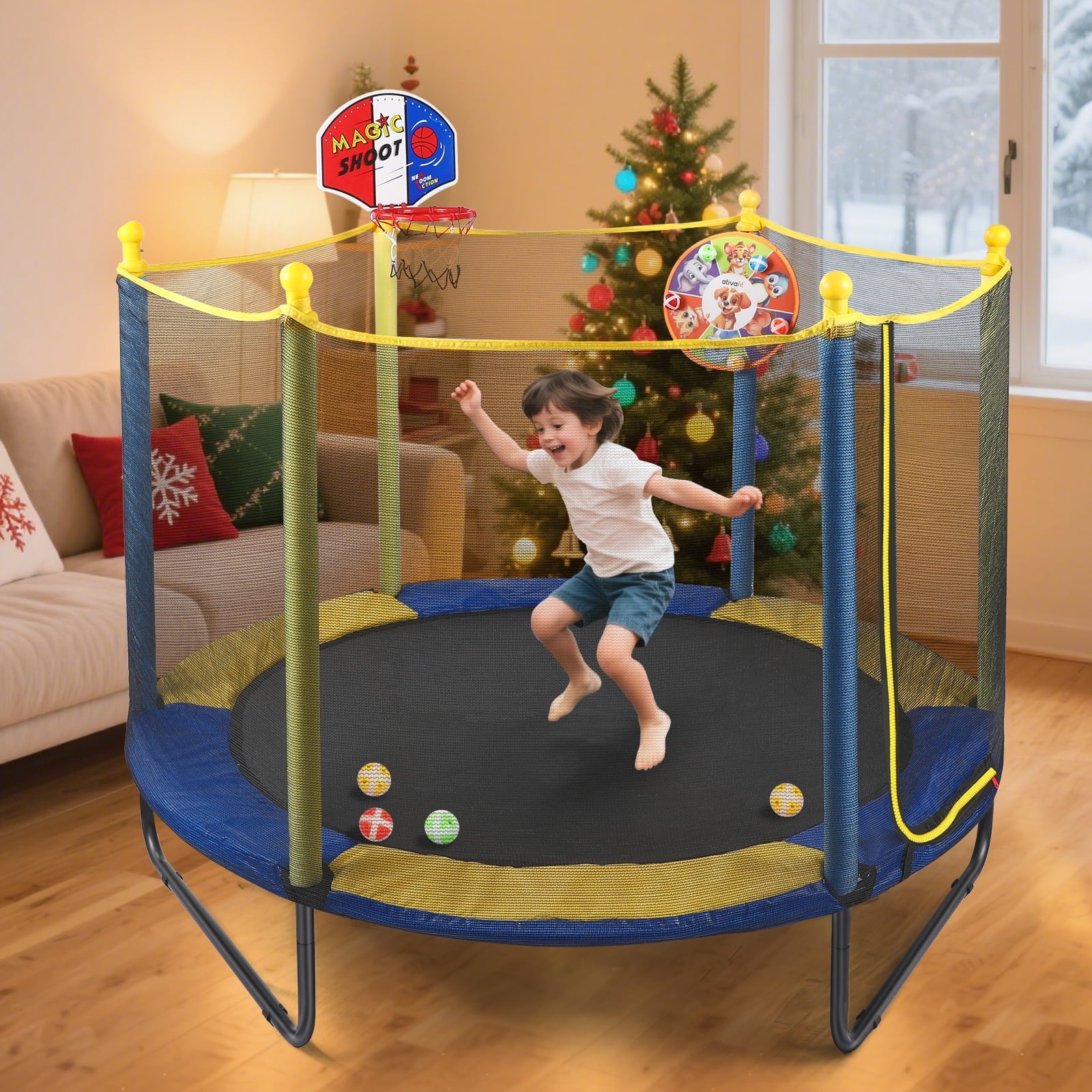 Fenbeli 60in Kids Trampoline with Safety Net, Basketball Hoop Dartboard, Indoor Outdoor Toddler Trampoline for Ages 1-8