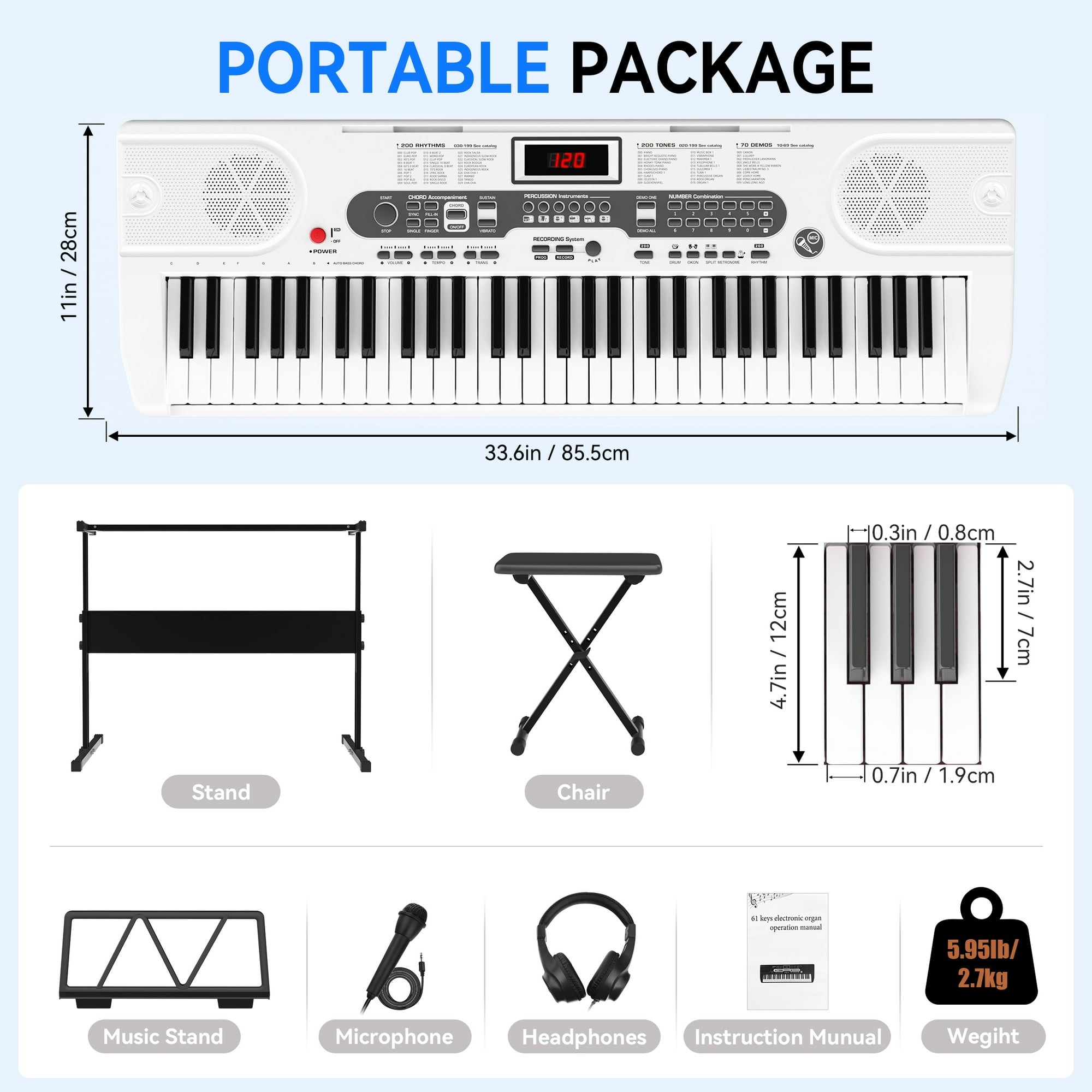 Fenbeli 61-Key Piano Keyboard with Lighted Keys, Stand, Bench, Microphone, Headphone, Electronic Keyboard Piano Set, White