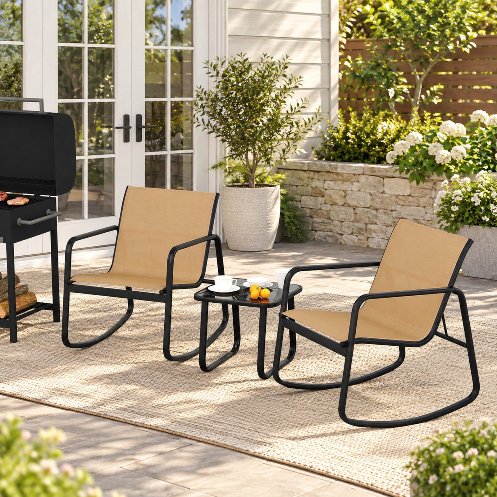 Fenbeli 2 Rocking Bistro Chairs and Glass-Top Table for Porch Yard Balcony, Rocking Chair 330 lbs Capacity, Metal Fabric Tempered Glass Frame, Brown