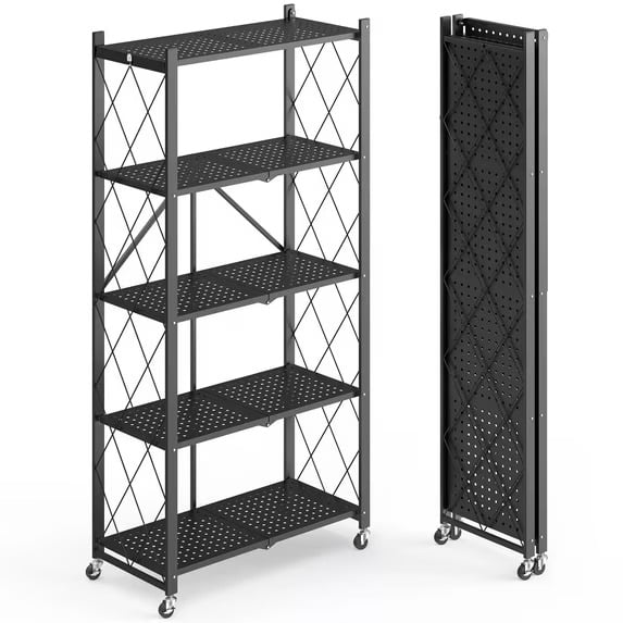 Fenbeli Foldable 5-Tier Storage Shelf with Wheels Metal Rack Collapsible Shelving Unit Display, Rolling Cartfor Garage, Pantry, Office ,Black