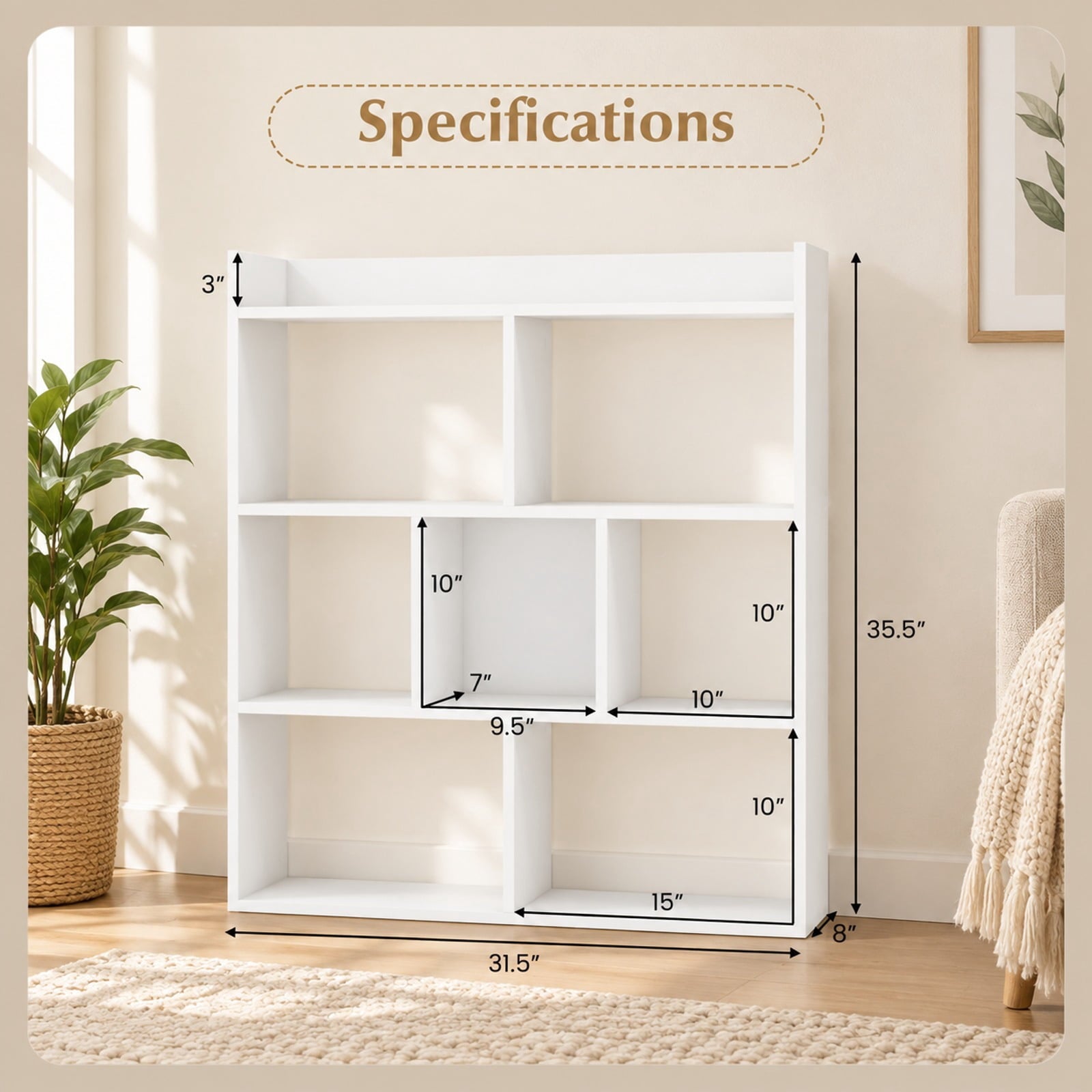 Fenbeli 7 Cubes Open-back Bookshelf with Anti-Toppling Devices, 88 lbs Capacity, 31.5 x 8 x 35.5 Footprint, White