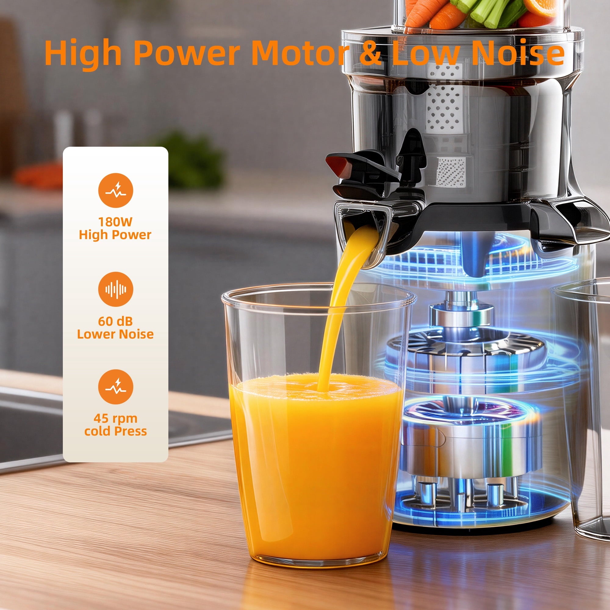 Fenbeli Juicer Machine,Cold Press Juicer with Wide Mouth 3.2 inch Feed Chute for Fruit Vegetable, Easy to Clean