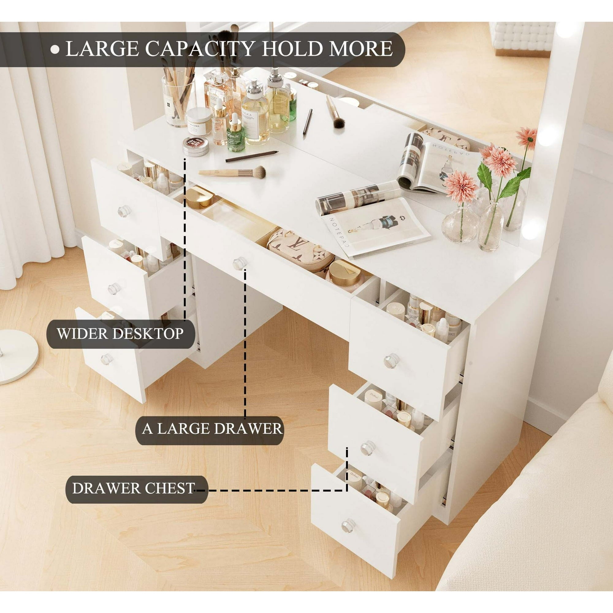 Fenbeli Vanity Desk with Mirror, LED Lights Makeup Vanity Table with 7 Drawers for Bedroom Dressing Room, White Finish