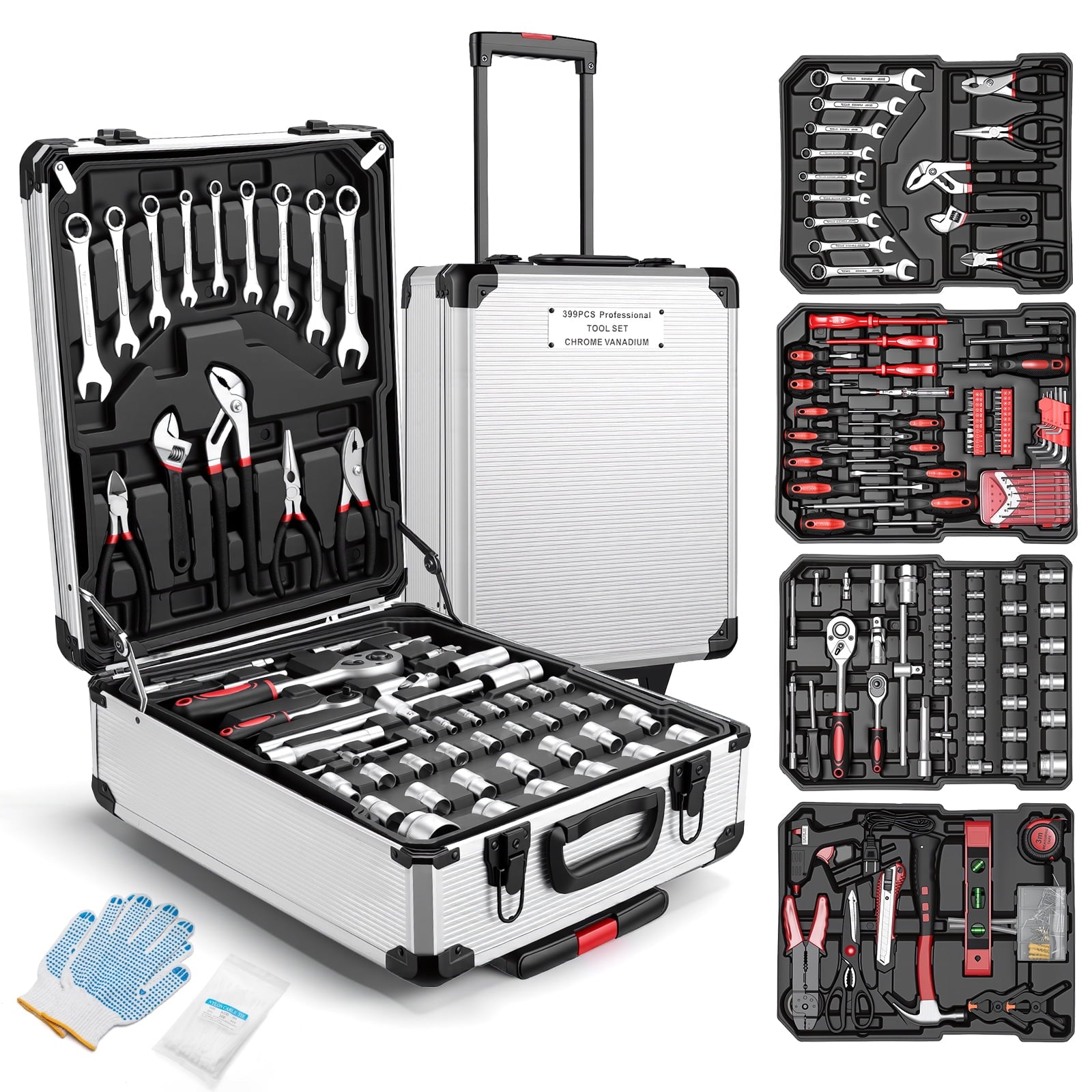 Fenbeli 399 Piece Tool Set, Professional Chrome Vanadium Steel Tool Kit with Aluminum Trolley Case and Wheels, Home Auto Repair Mechanic Tool Box,Silver