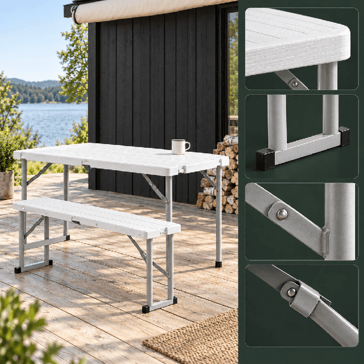 Fenbeli 6 FT Folding Picnic Table with 2 Benches, 660 lb Foldable Portable Picnic Set, 70 in Wood Grain HDPE Plastic Top, Steel Frame, Seats 4, Outdoor Camping Dining Table for Patio, Party, BBQ