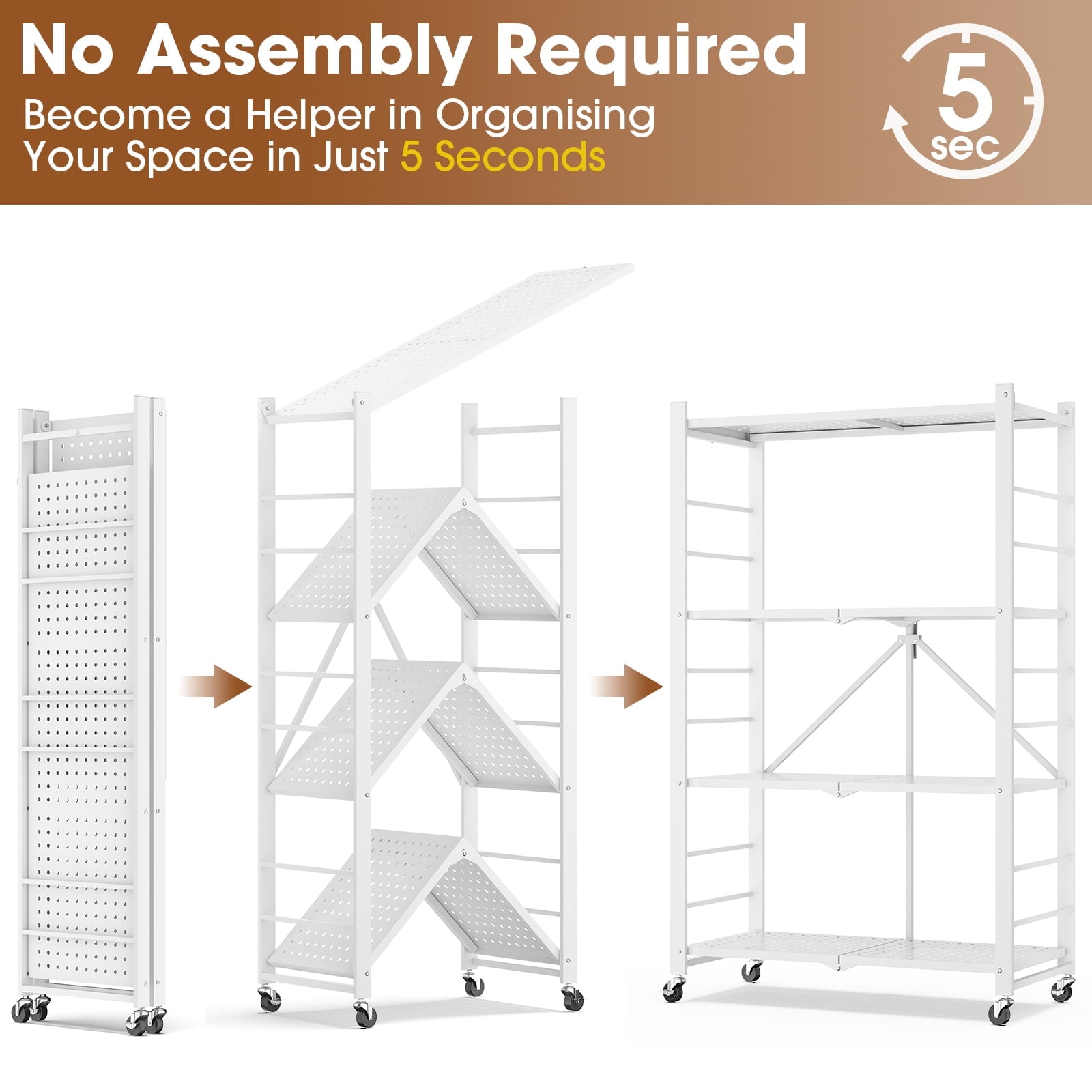 Fenbeli Storage Shelves,4-Tier Foldable Metal Wire Storage Shelf with Wheels, Heavy Duty Organizer Rack for Garage, Kitchen, Closet, White