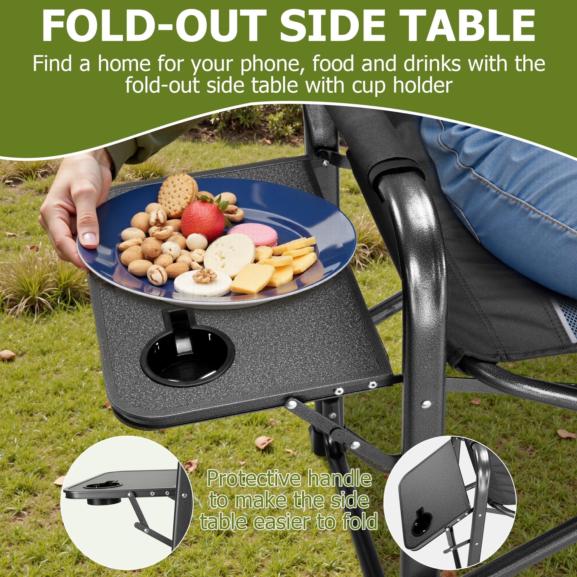 Fenbeli 300lbs Folding Camping Chairs with Cooler Bag and Table Lawn Chairs for Outside Sports Fishing Black