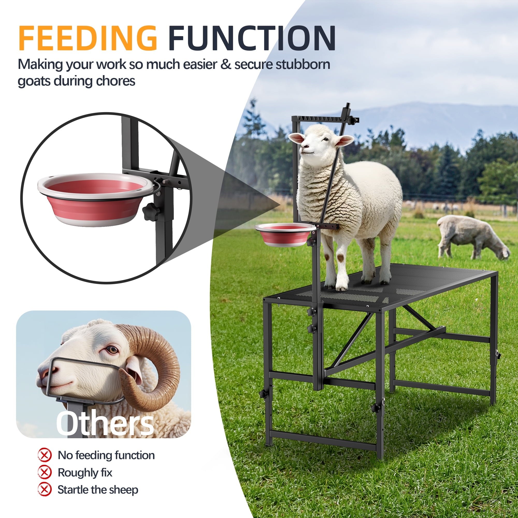 Fenbeli Goat Trimming Stand with Feed Bin, 600 lbs Capacity Livestock Grooming & Milking Table for Goats & Sheep, Black