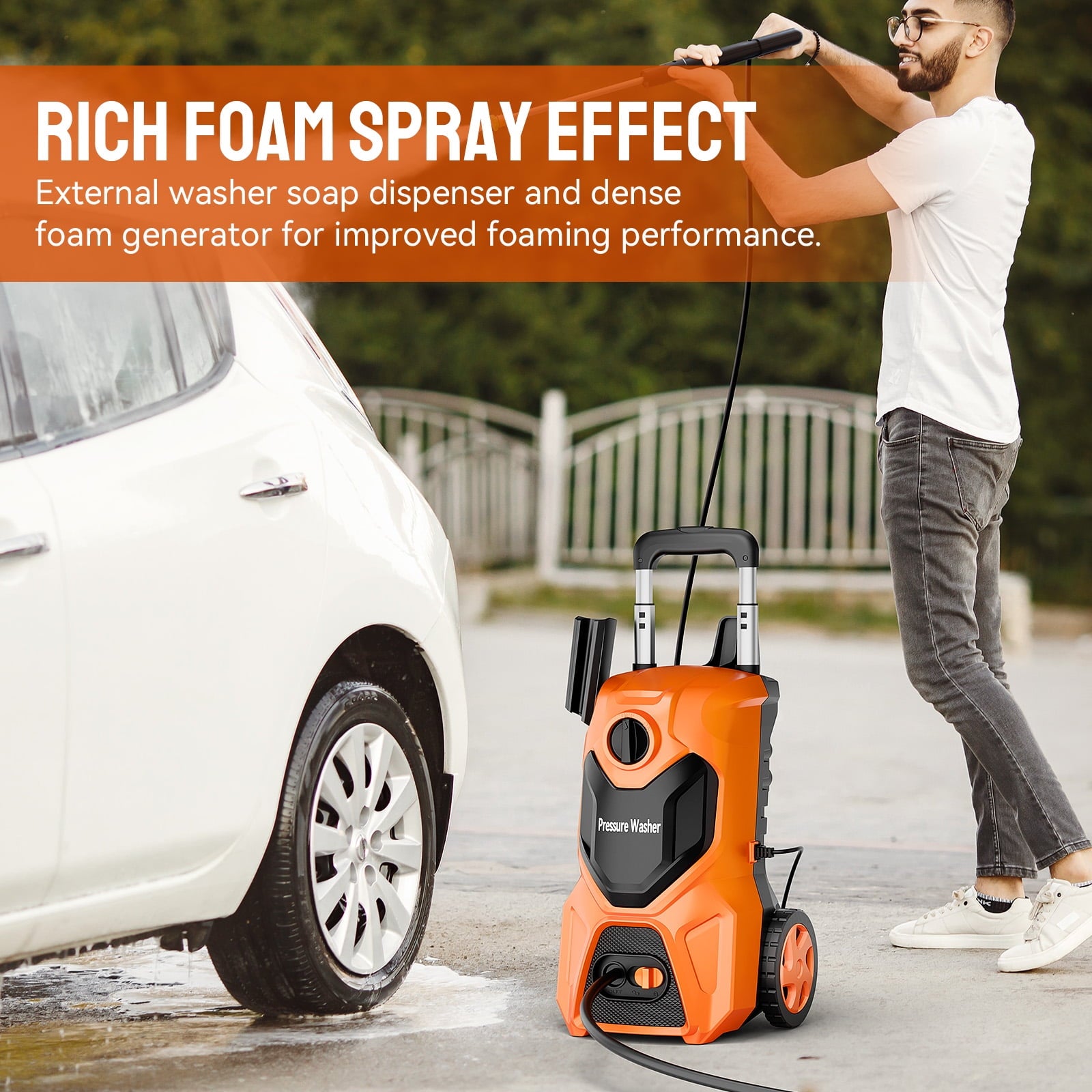 Fenbeli 4800 PSI Electric Pressure Washer, 3.2 GPM Power Washer Electric Powered with Foam Cannon, 4 Quick-Connect Nozzles for Car, Patio, Home Cleaning, Orange