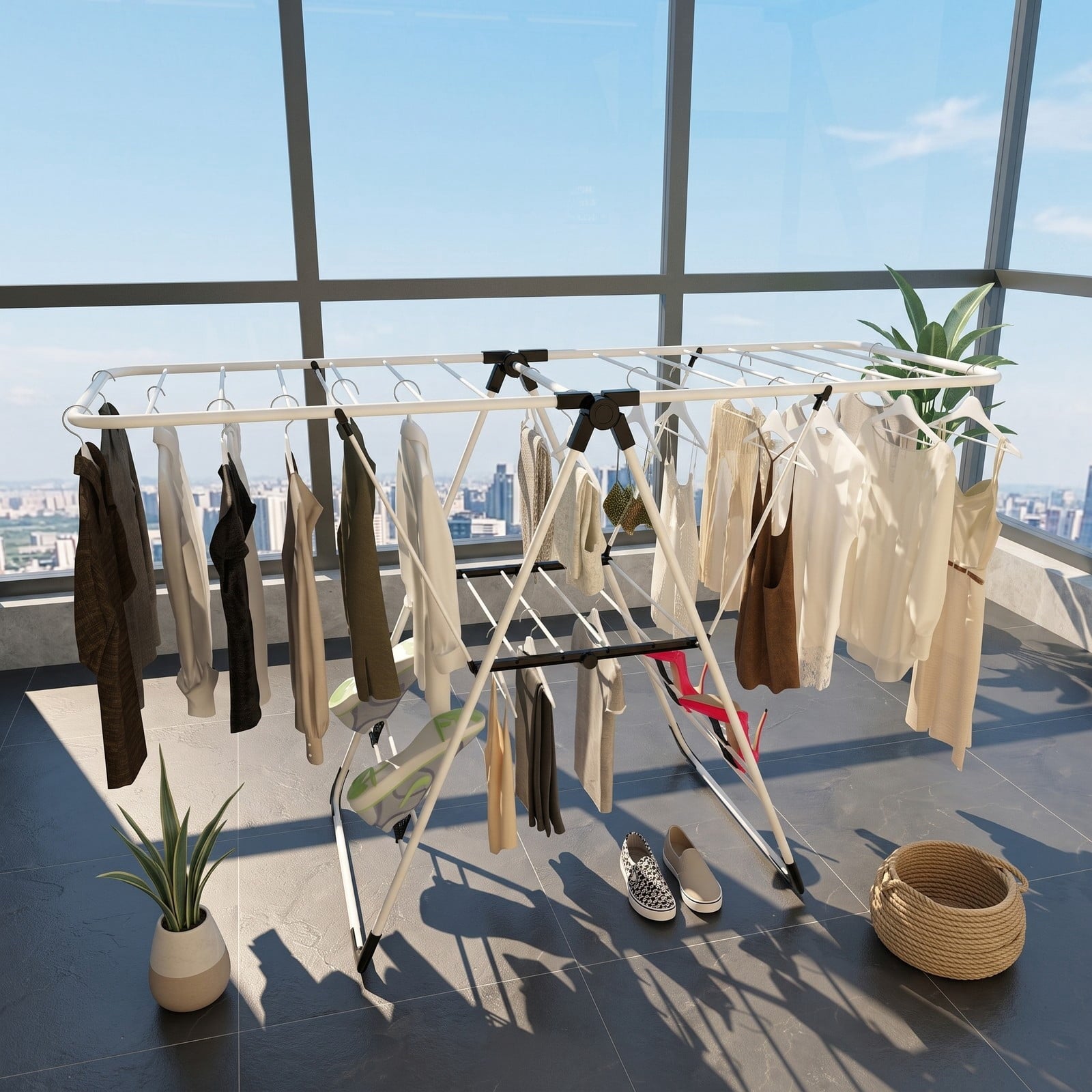 Fenbeli Portable Clothes Drying Rack, Foldable 2-Tier Steel Laundry Drying Rack with Adjustable Wings for Indoor Outdoor Garment Air Dry, Space-Saving, White