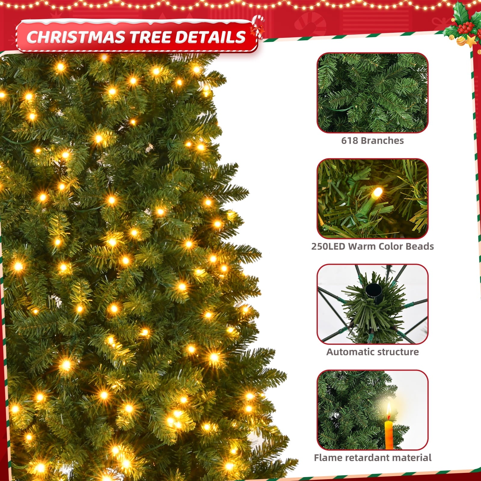 Fenbeli 6ft Pre-Lit Christmas Tree w/ 618 Branches, 250 Warm White Lights