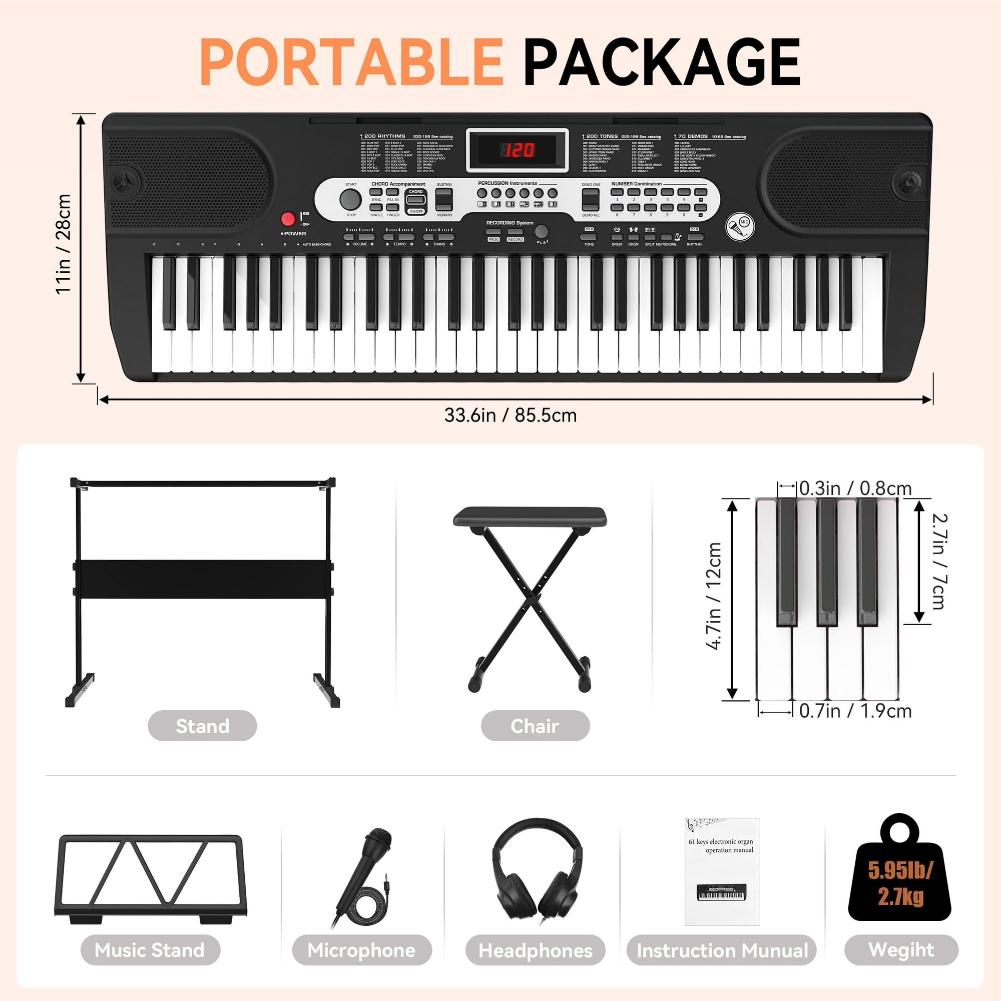 Fenbeli 61 Key Piano Keyboard Kit with Music Sheet Stand, Stool, Headphones, Microphone, 200 Tones & Rhythms