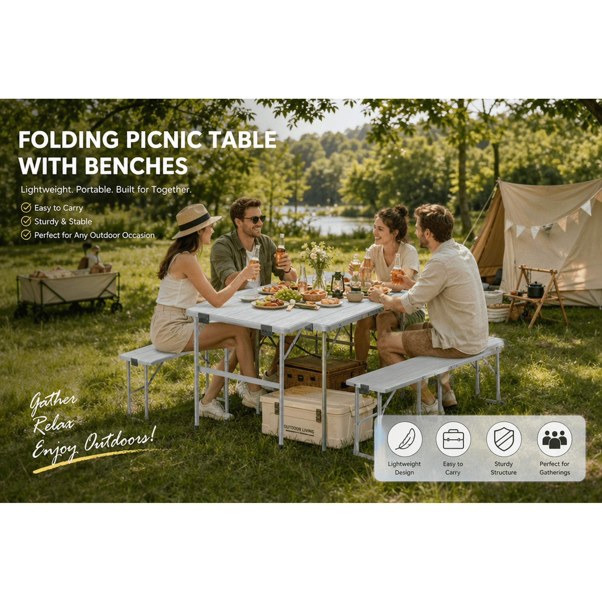 Fenbeli wood Grain Folding Table with 2 Benches - White