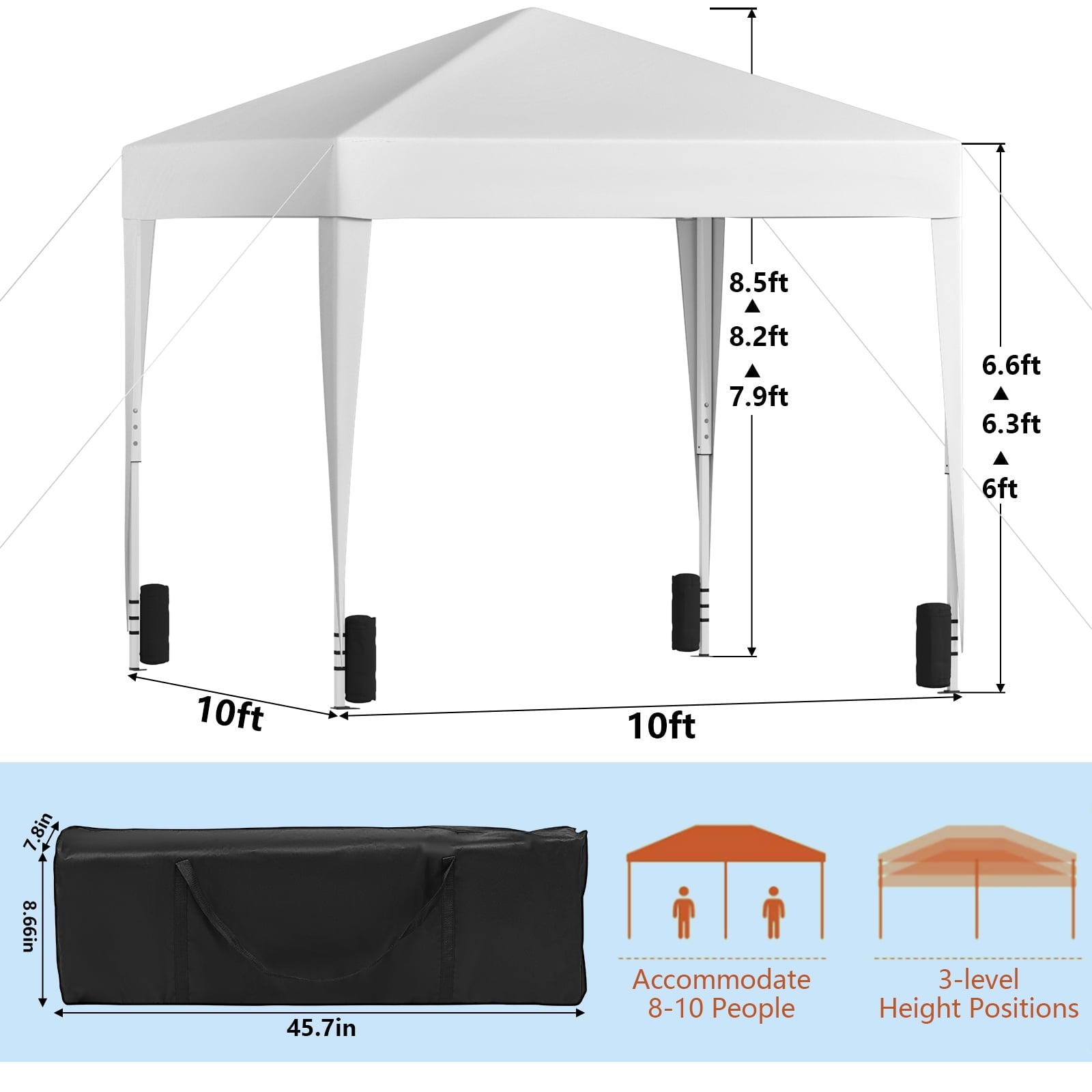 Fenbeli 10x10 Pop Up Canopy Tent with Sand Weight Bag, White