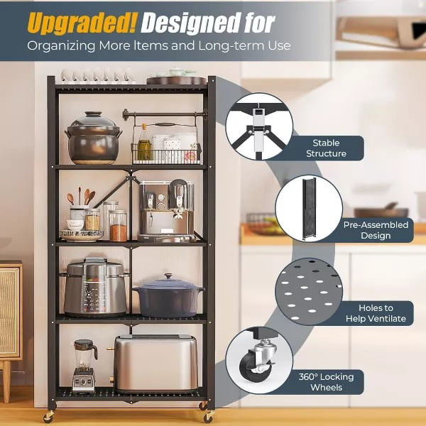 Fenbeli 5-Tier Heavy-Duty Foldable Storage Shelf with Lockable Wheels (750 lbs Capacity) - No Assembly Metal Organizer Rack for Home/Garage/Office, Black