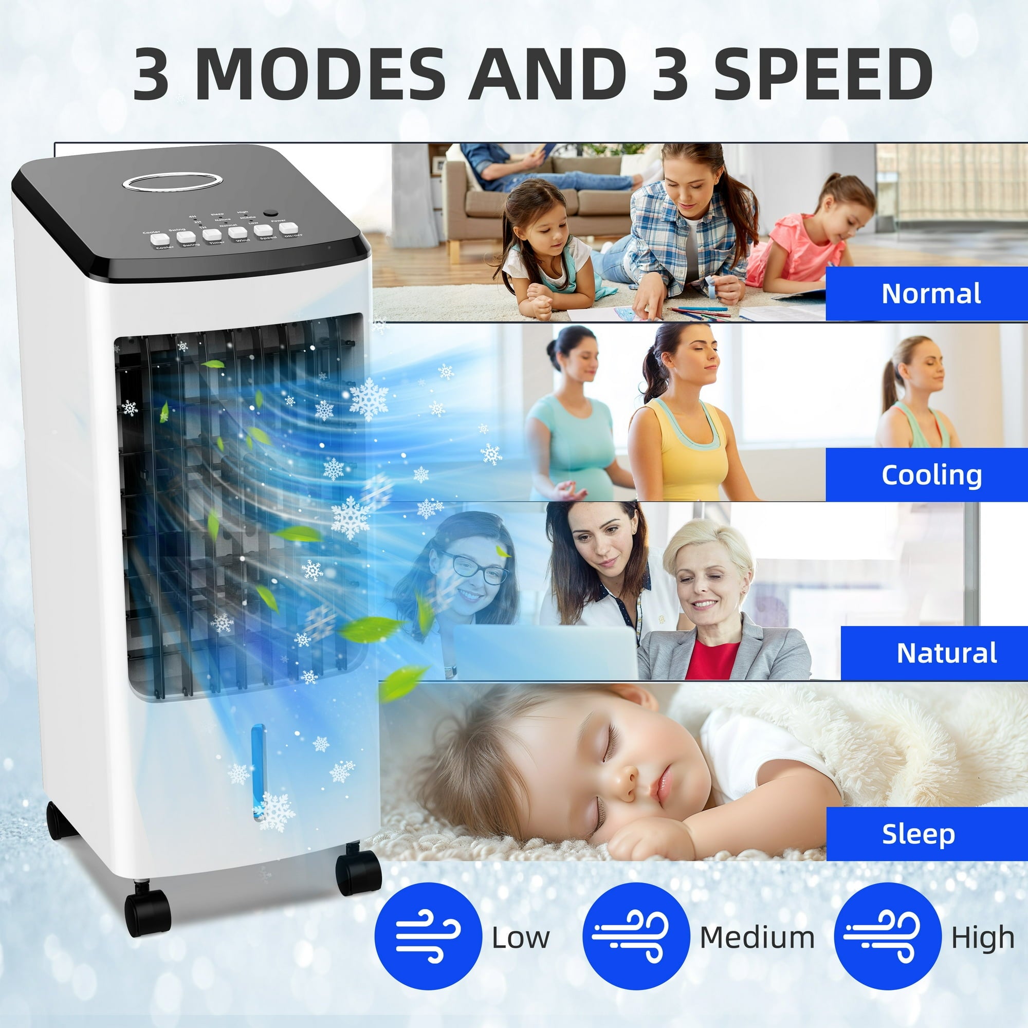 3-in-1 Evaporative Air Cooler Portable Cooling Fan with Wheels for Home Office