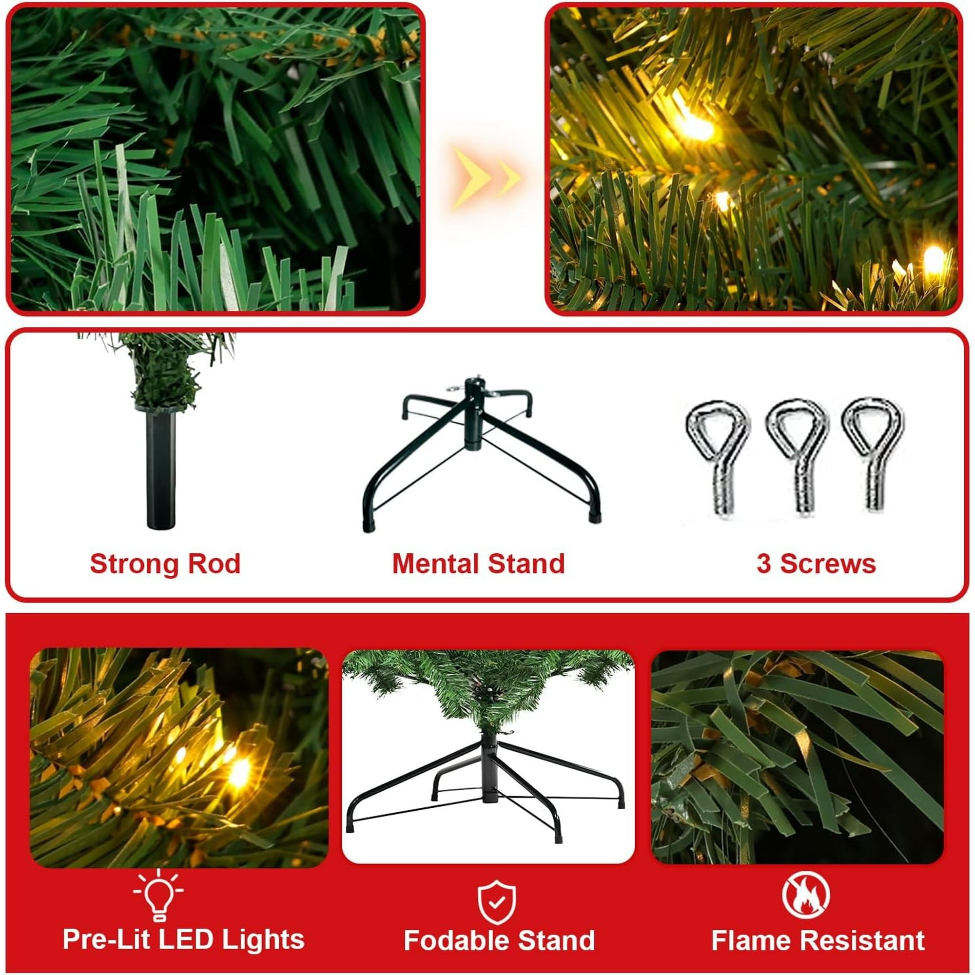 Fenbeli Pre-Lit Artificial Christmas Tree 6ft with 300 Clear Incandescent Mini Lights, Indoor Green