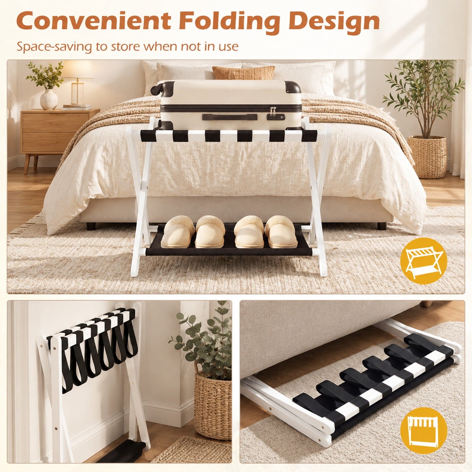 Fenbeli Solid Rubberwood Folding Luggage Rack with Nylon Shelves, Layer 110 lbs Capacity, Rubberwood Nylon Frame, 26.5 x 18 x 20.5 Footprint