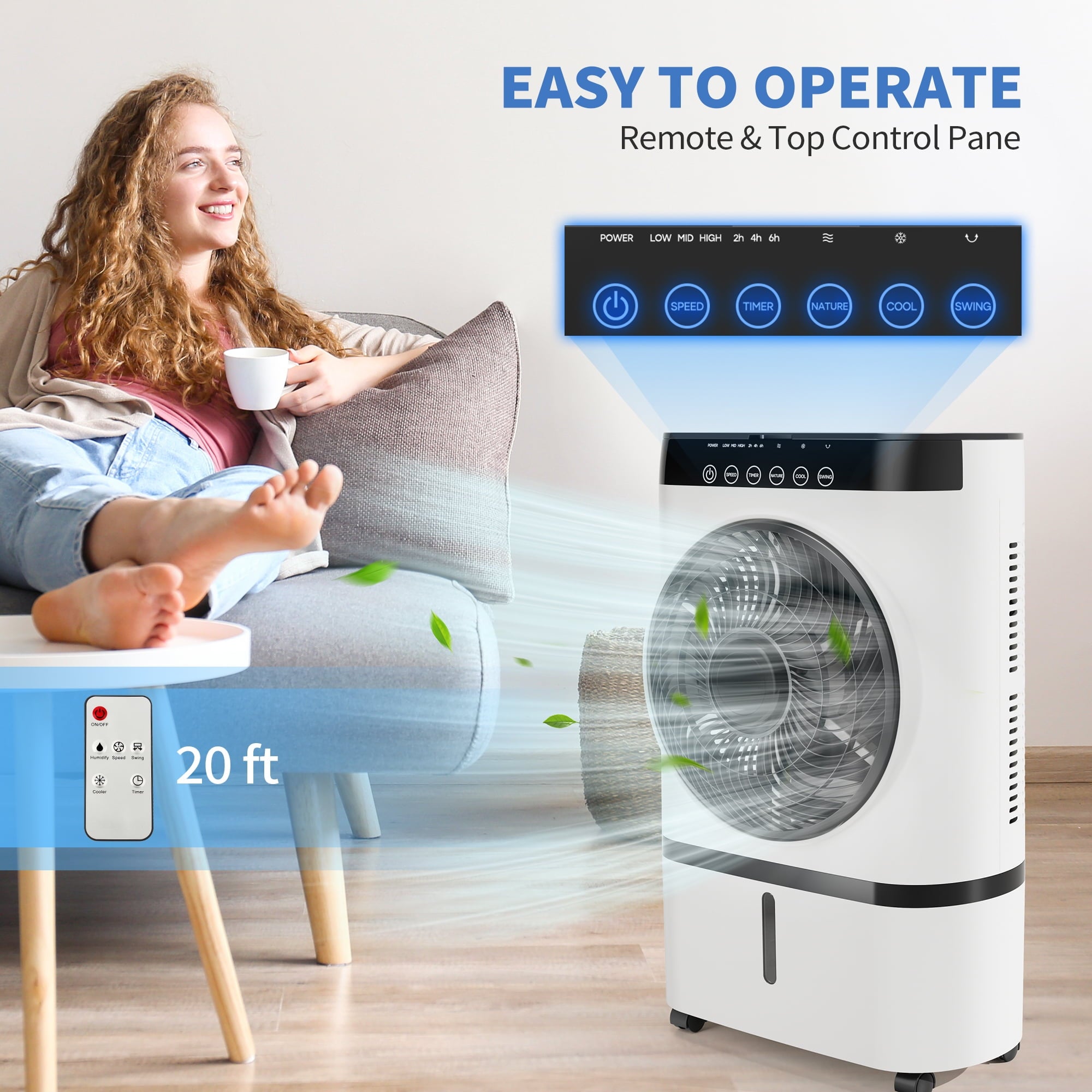Fenbeli 3-in-1 Portable Evaporative Air Cooler, Quiet Fan and Humidifier Combo with Remote Control, 3 Speeds, 7L Water Tank, 12H Timer, Black and White