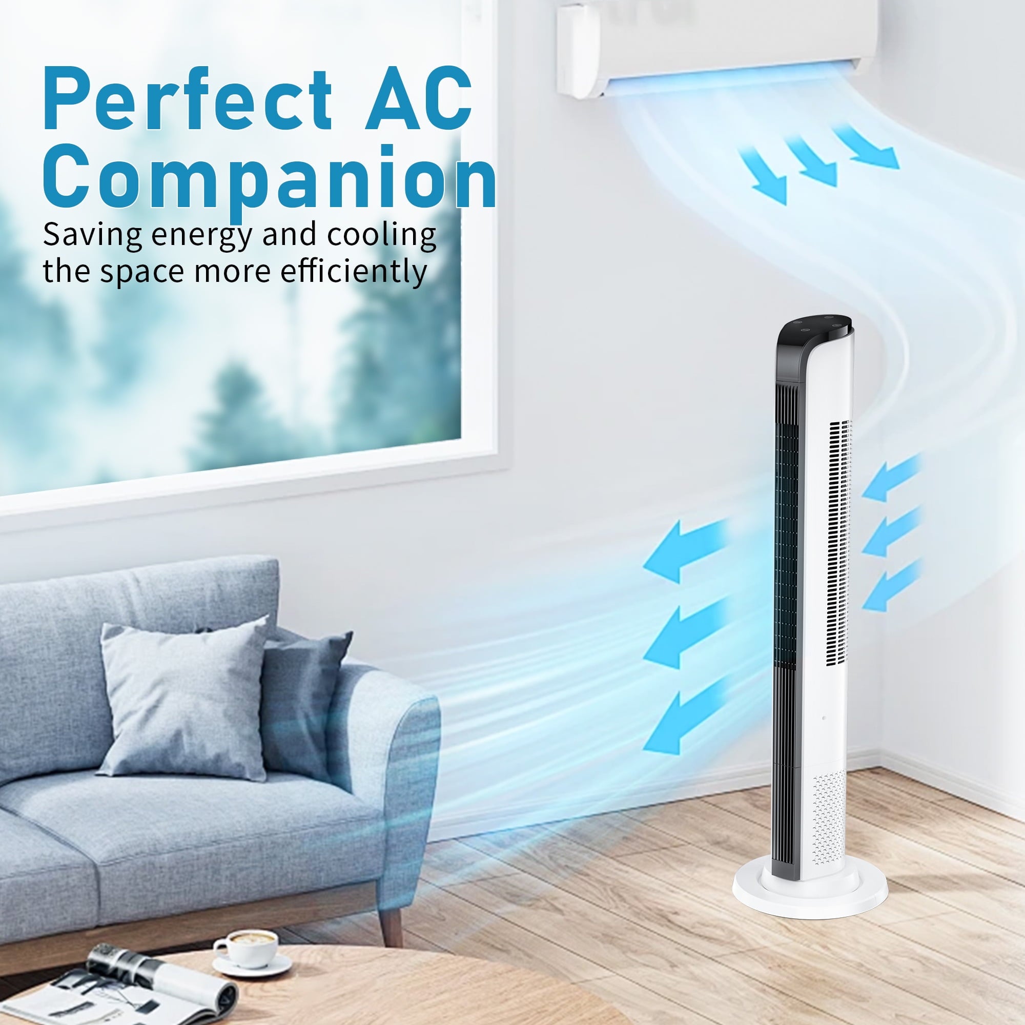 43inch Tower Fans for Home with Remote for Bedroom with 3 Speeds, 3 Modes, White