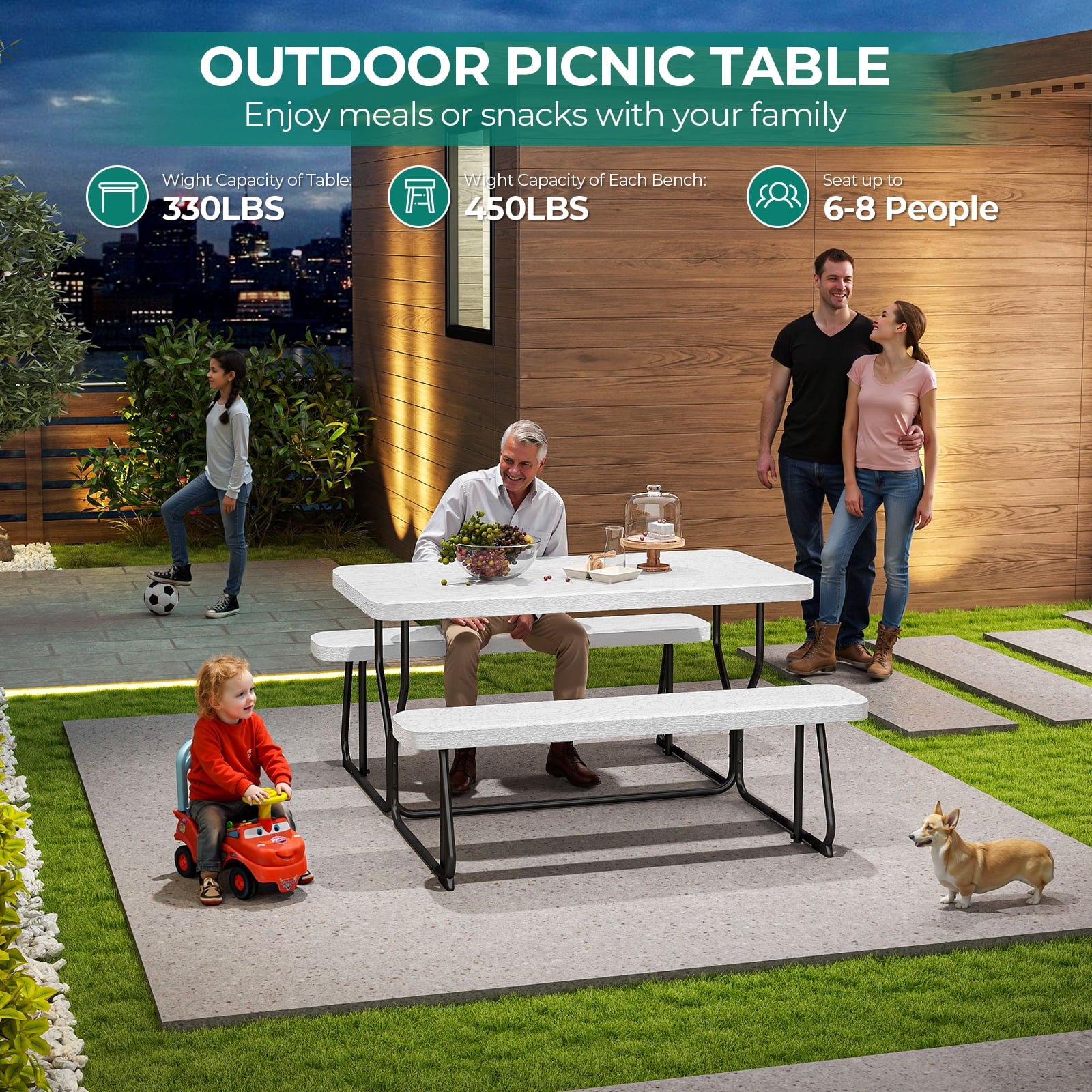 Fenbeli White Outdoor Picnic Table and Bench Set, Weather-Resistant Patio Dining Furniture for Garden, Backyard, Deck