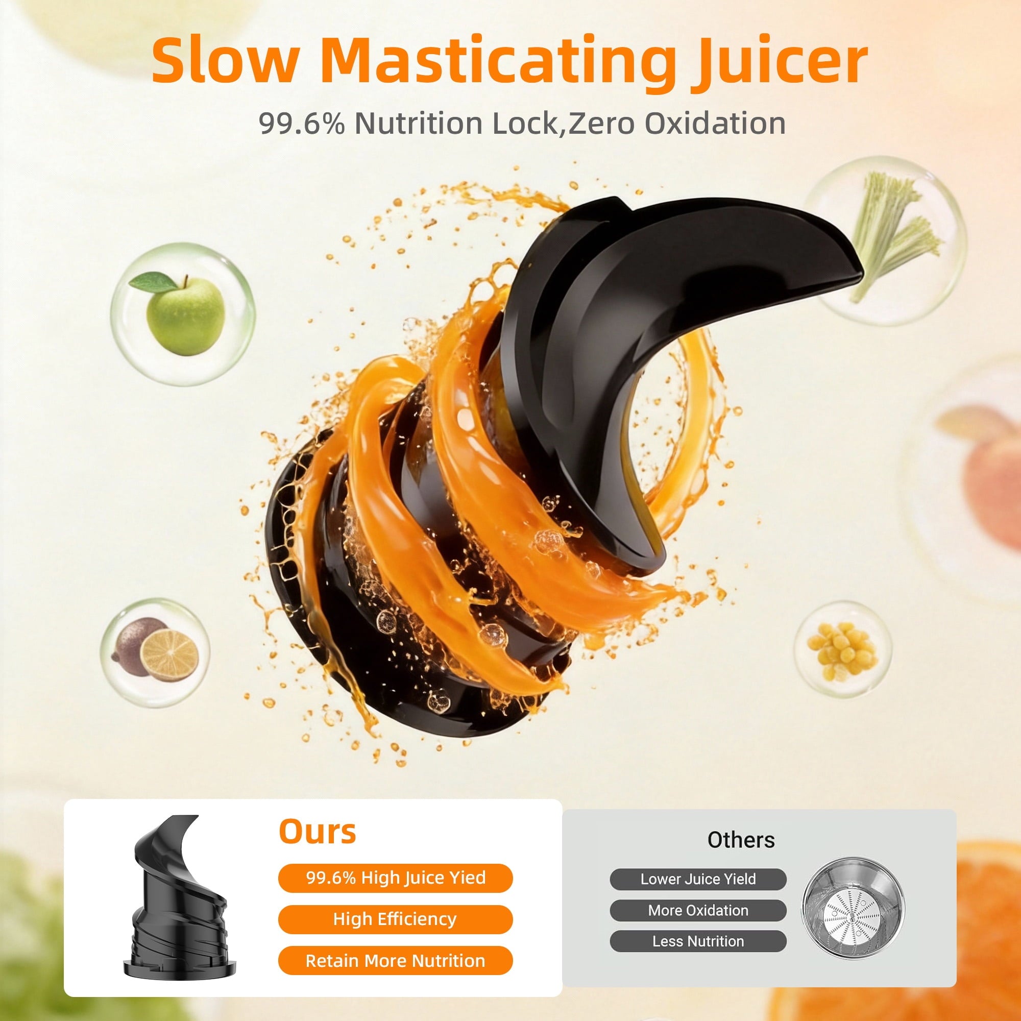 Fenbeli Juicer Machine,Cold Press Juicer with Wide Mouth 3.2 inch Feed Chute for Fruit Vegetable, Easy to Clean