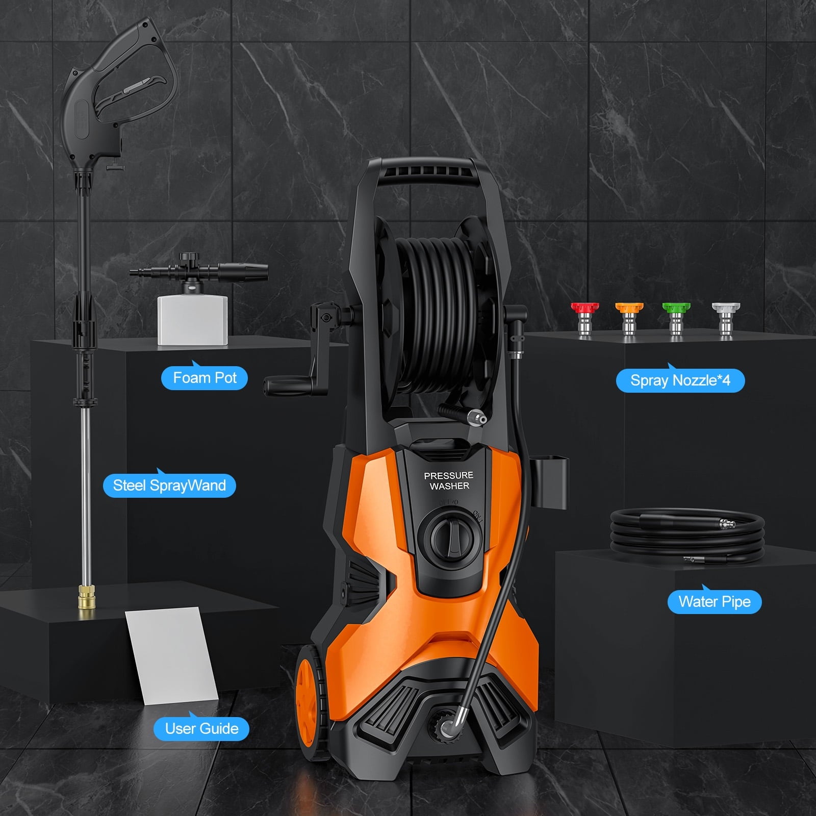 Fenbeli 4500PSI Pressure Washer Electric Power Washer with 23FT Hose and 20FT Power Cord for Cars with 4 Quick Connect Nozzles And 500ml Foam Cannon